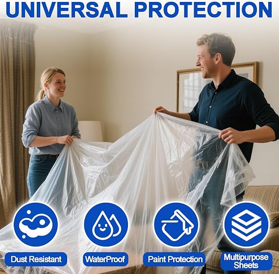 6pcs 4m x 5m Extra Large Plastic Dust Sheets for Decorating & Painting Clear Waterproof Polythene Sheeting Plastic Sheeting Dust Covers for Painting, Furniture & Floor Protection