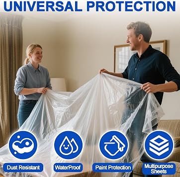 6pcs 4m x 5m Extra Large Plastic Dust Sheets for Decorating & Painting Clear Waterproof Polythene Sheeting Plastic Sheeting Dust Covers for Painting, Furniture & Floor Protection