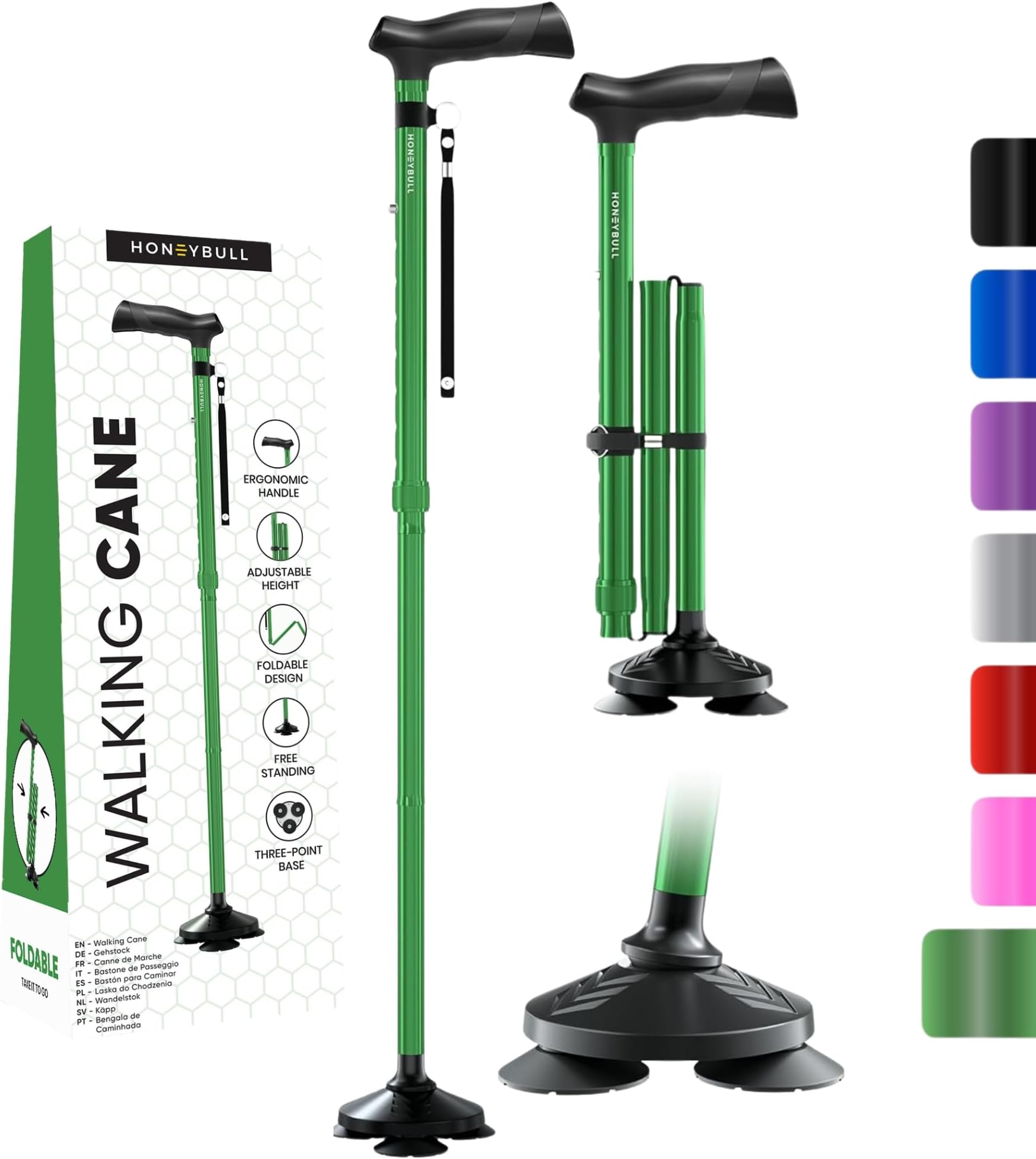 HONEYBULL Walking Cane for Men & Women - Foldable, Adjustable, Collapsible, Free Standing Cane, Pivot Tip, Heavy Duty | Walking Sticks, Folding Canes for Seniors & Adults