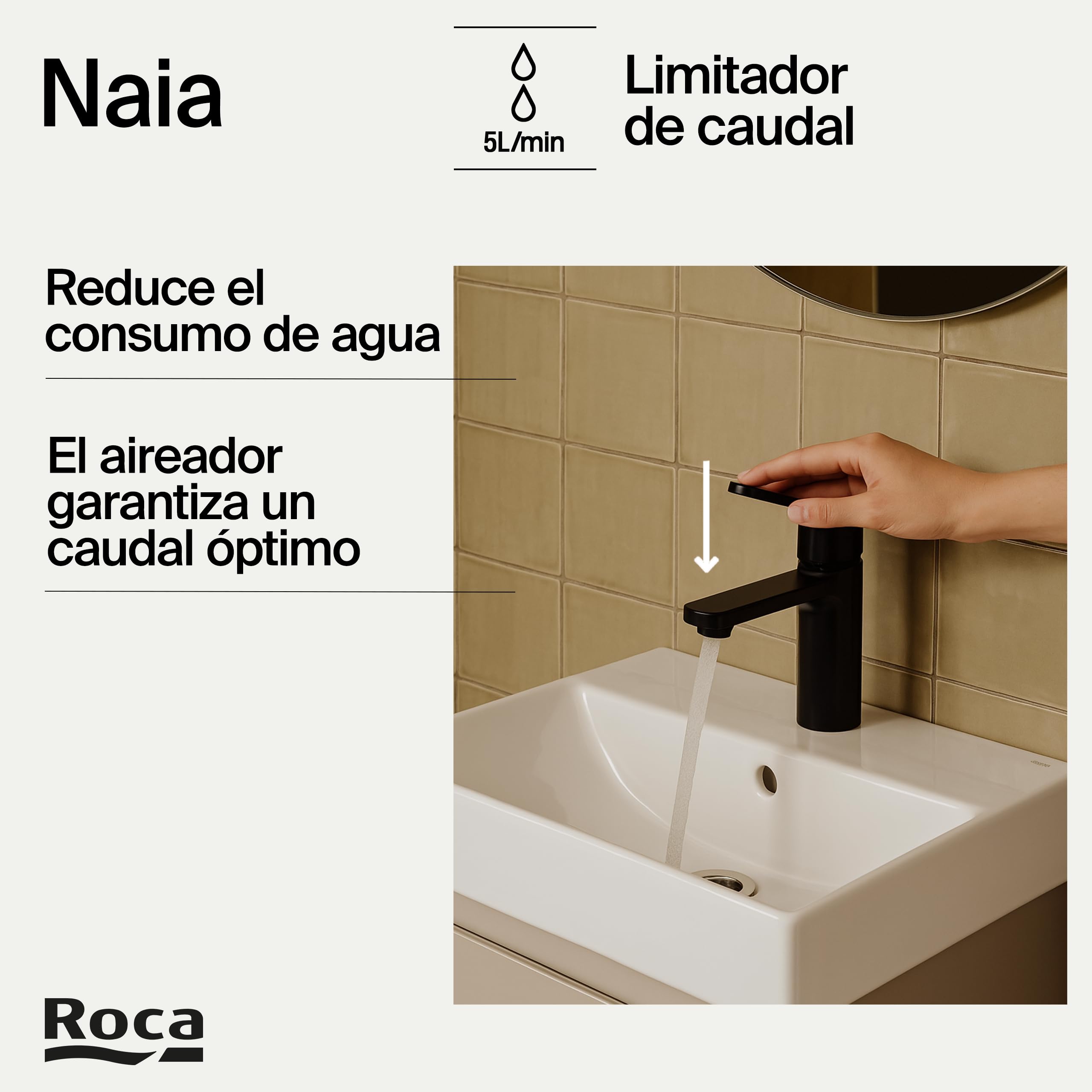 Roca Naia Grifería para lavabo con tecnología Cold Start, grifo monomando de repisa con enlaces de alimentación flexibles, mezclador de cuarto de baño de fácil instalación, negro titanio, A5A3A96CN0