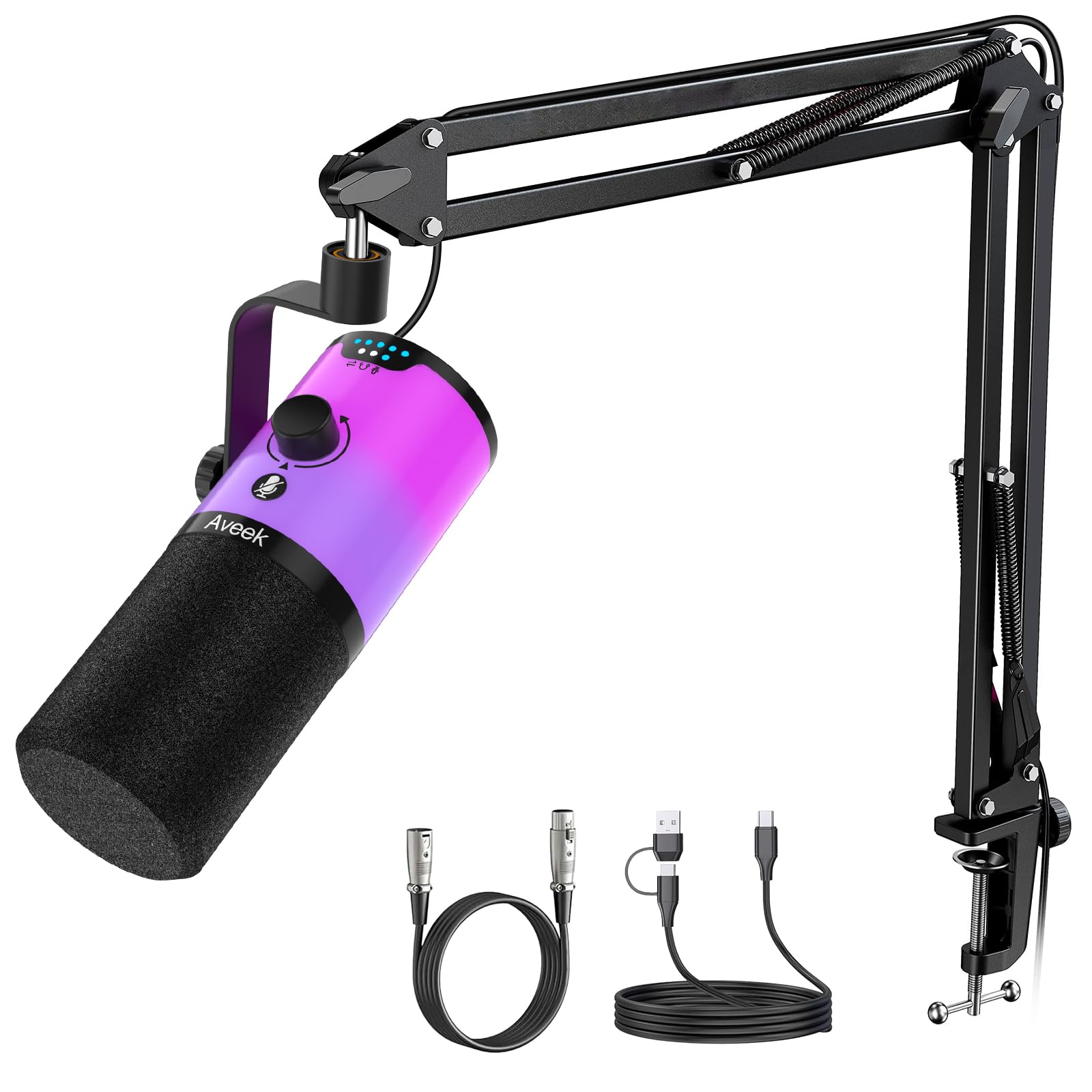 Aveek Microfono Dinamico USB/XLR con Braccio per Gaming & Streaming | Illuminazione RGB, Riduzione del Rumore, Mute One-Touch, Monitor Mix e Jack Cuffie per PC & PS5