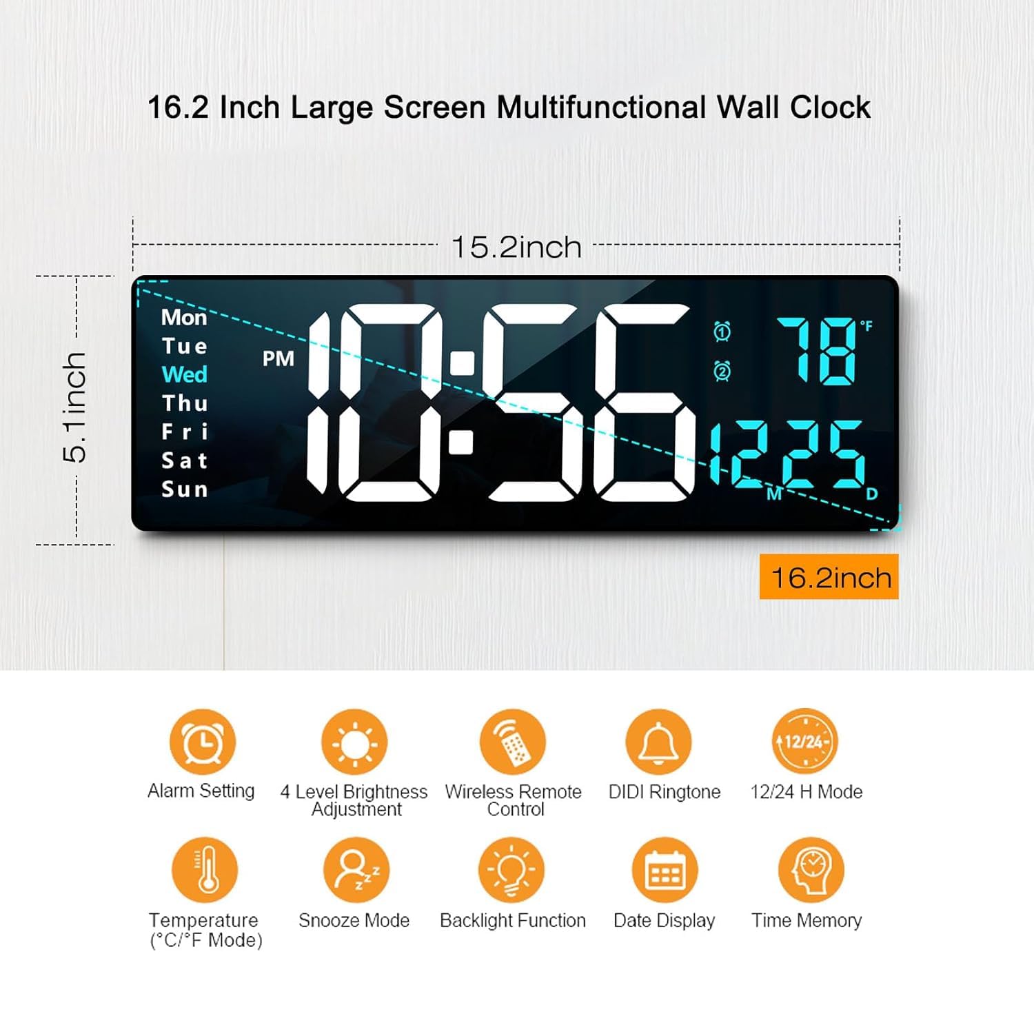 Abovsare Plastic Digital Wall Clock Large Display, 16.2 Inch Large Wall Clocks, Led Digital Clock with Remote Control/Automatic Brightness Dimmer Big Clock with Date Week Temperature (Blue) 1