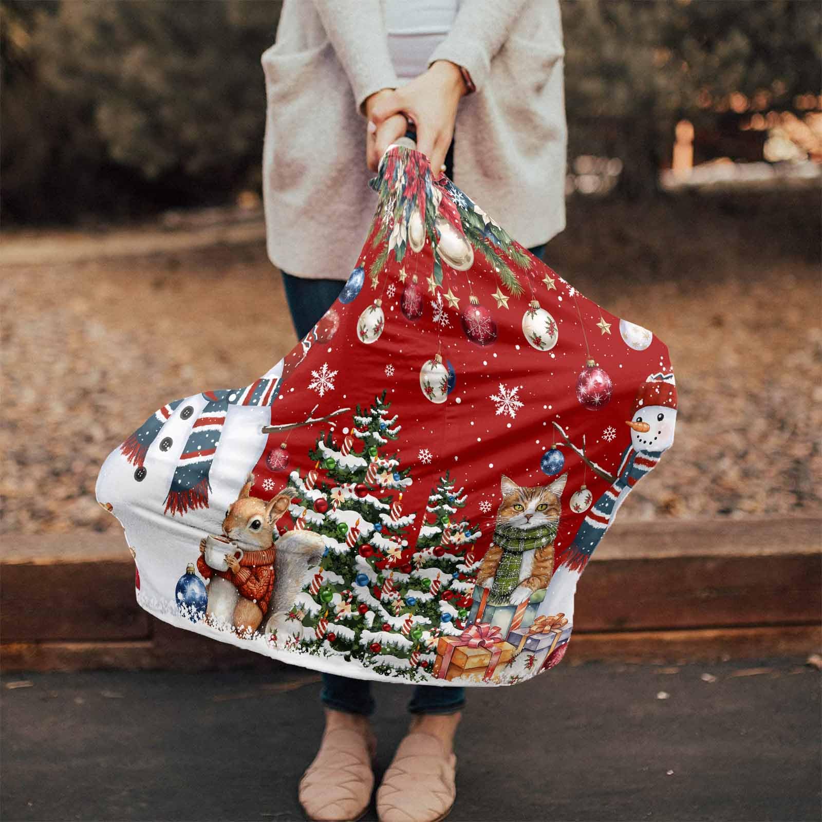 Nursing Cover for Breastfeeding Scarf, Xmas Tree Poinsettia Snowman Squirrel Cat Red Baby Car Covers Super Soft Multi Use for Canopy Shopping Cart Cover Blanket Stroller Cover