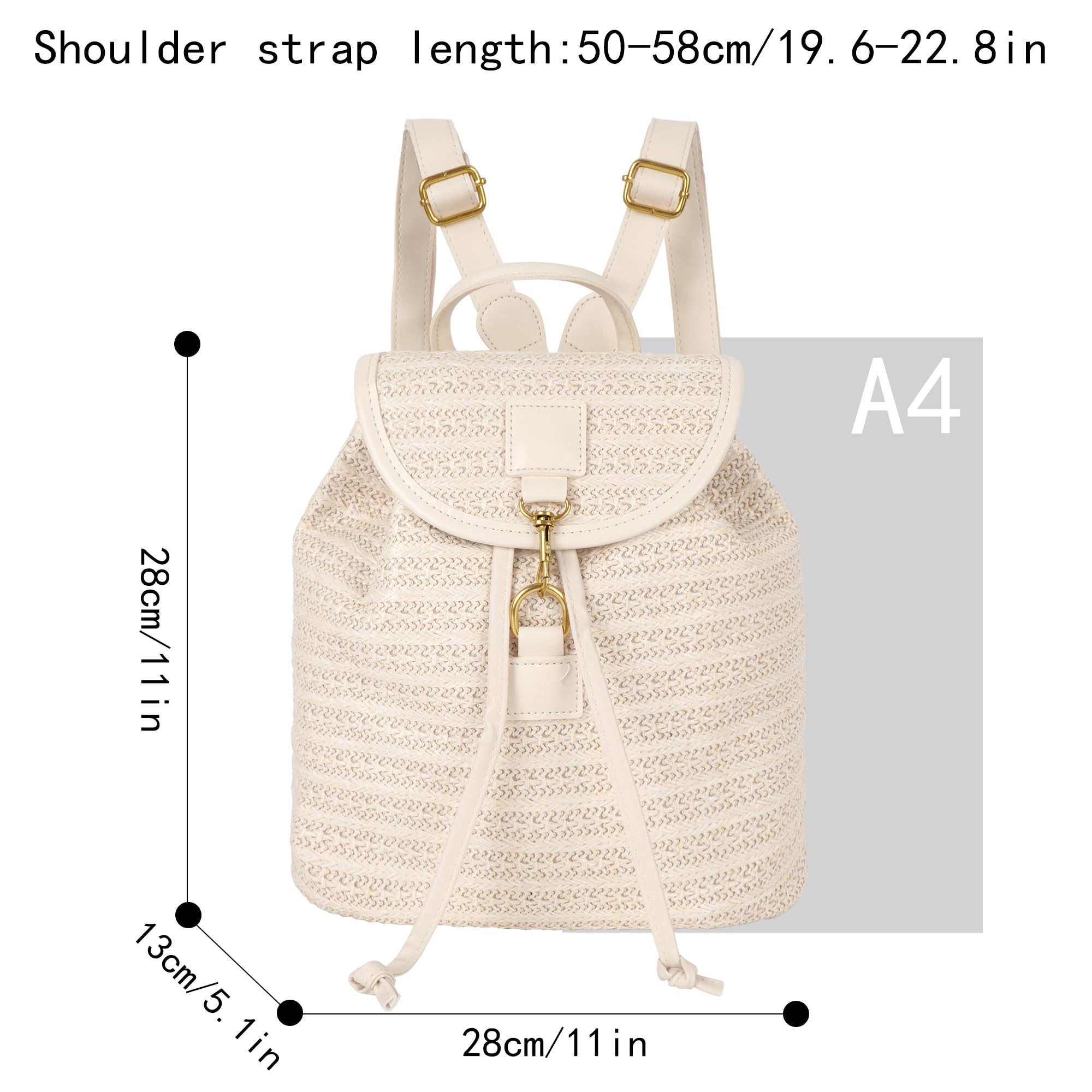 Sac à dos en paille - Sac de plage fait à la main - Avec cordon de serrage - Style bohème - Pour femme - Voyage - Vacances