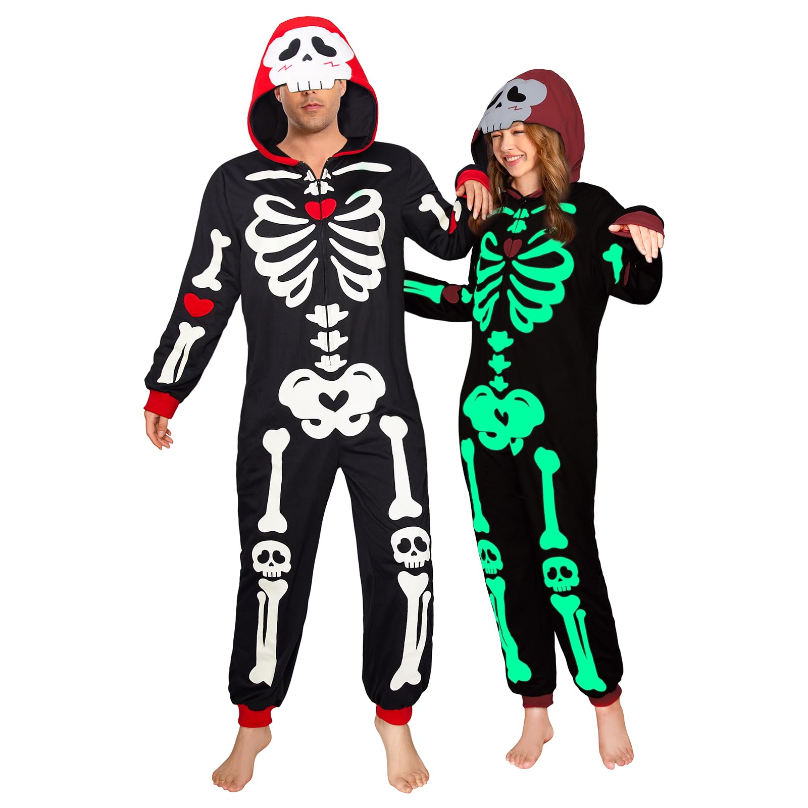 OLAOLA Glow in the Dark Skeleton Adult Onesie, Halloween Costume, Skull Pajama One Piece Cosplay Suit for Women and Men