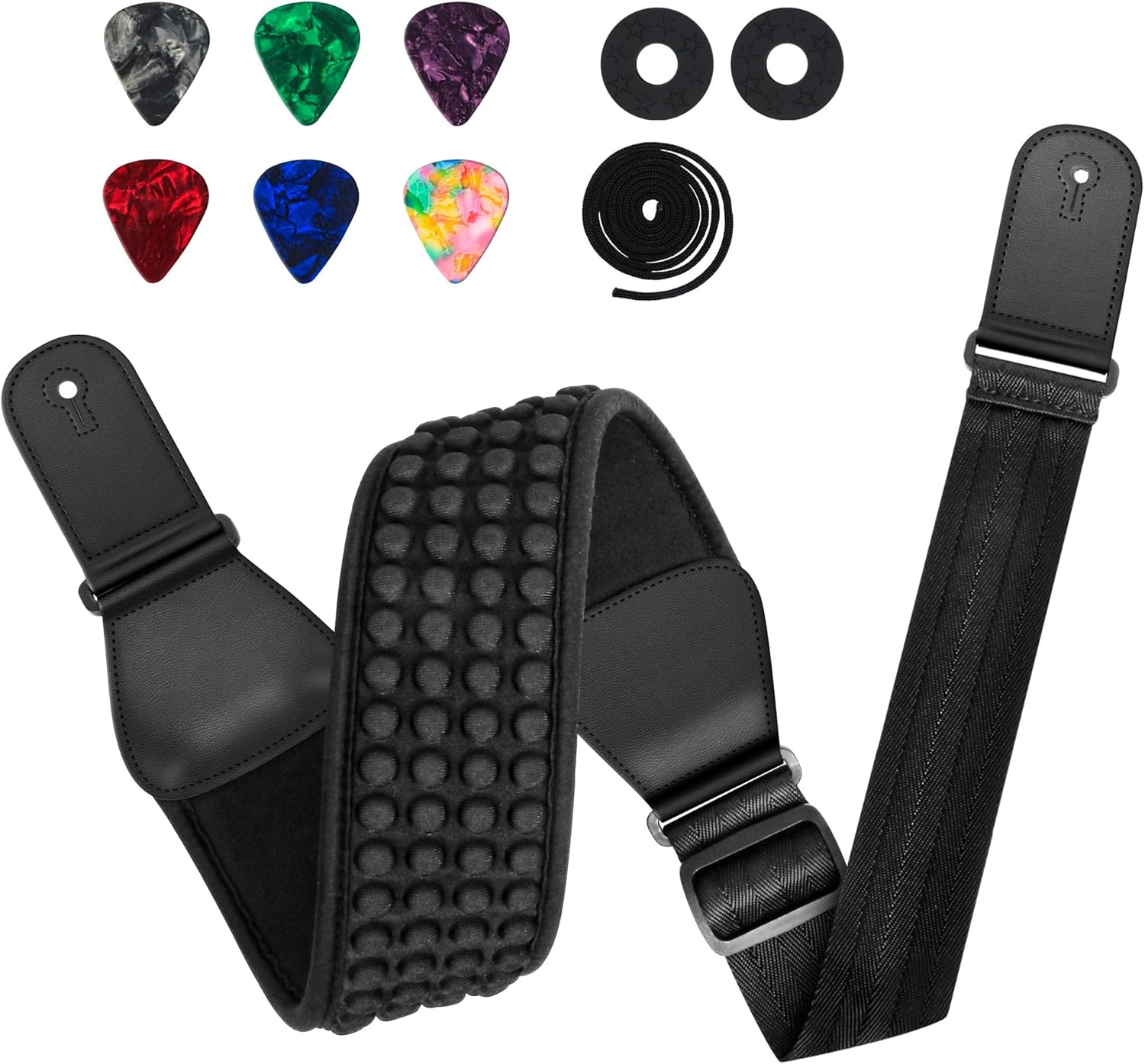 Wide Padded Guitar Strap Adjustable 45-55" for Electric Acoustic Bass, Comfortable Non Slip Strap with Locks Picks