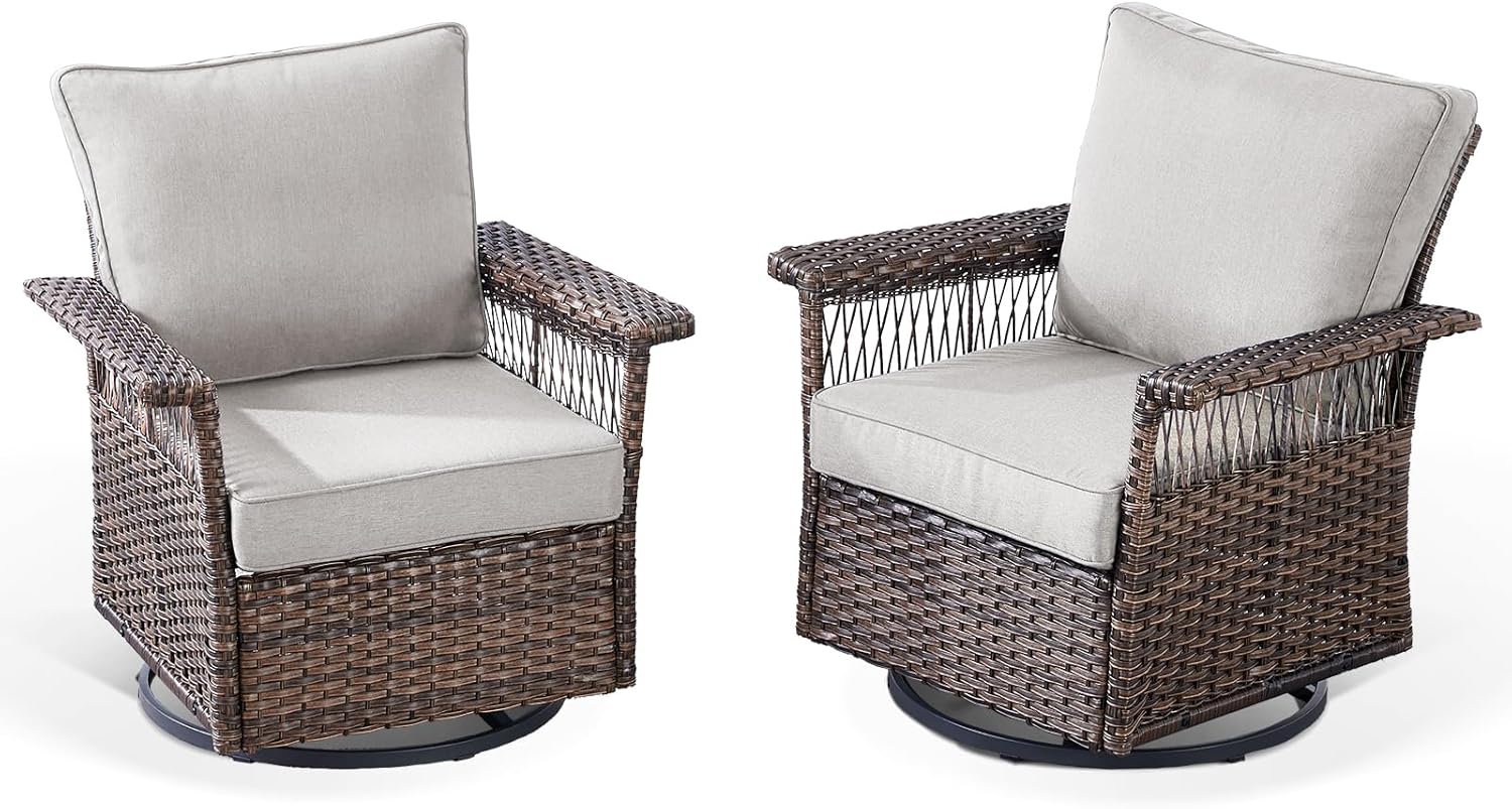 Patio Swivel Chairs Wicker PE Rattan Glider Chairs with High Back Deep Seating Chairs Set of 2 for Garden Sunroom Deck Porch Balcony Backyard, Swivel Chair(2PCS), Brown|Beige