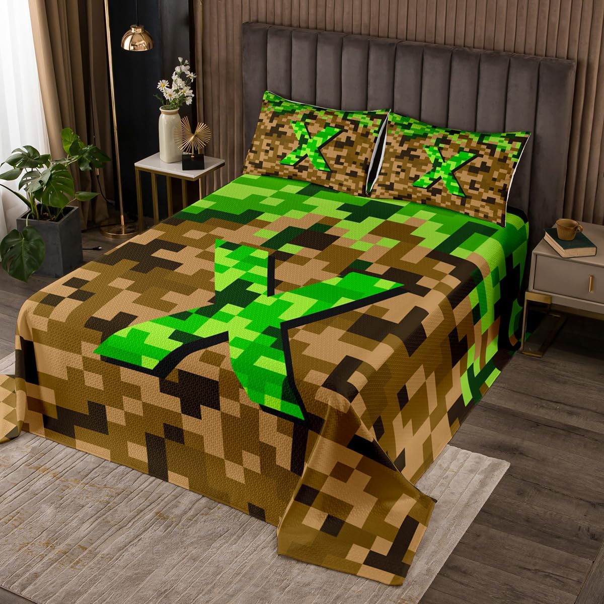 Castle Fairy Pixelated Letter X Bedspread Twin Size,Miner Style Games Bedding Sets 2Pcs for Kids Girls Boys Room Decor,Brown Green Block Comforter Set Modern Alphabet Quilt Coverlet,1 Pillowcase