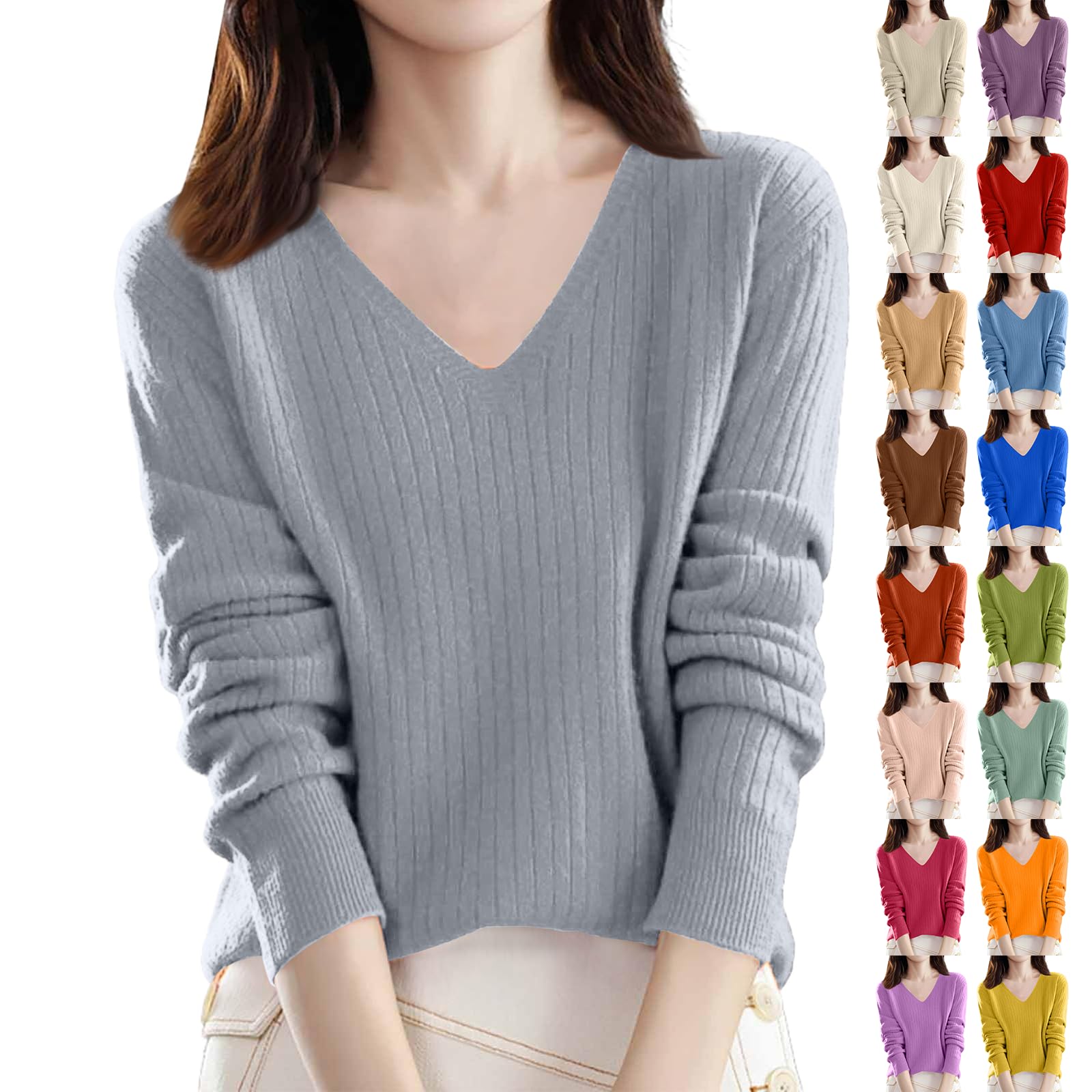 V Neck Sweaters for Women Trendy Loose Fit Ribbed Knit Oversized Sweater Lightweight Knitted Pullover Sweatshirts