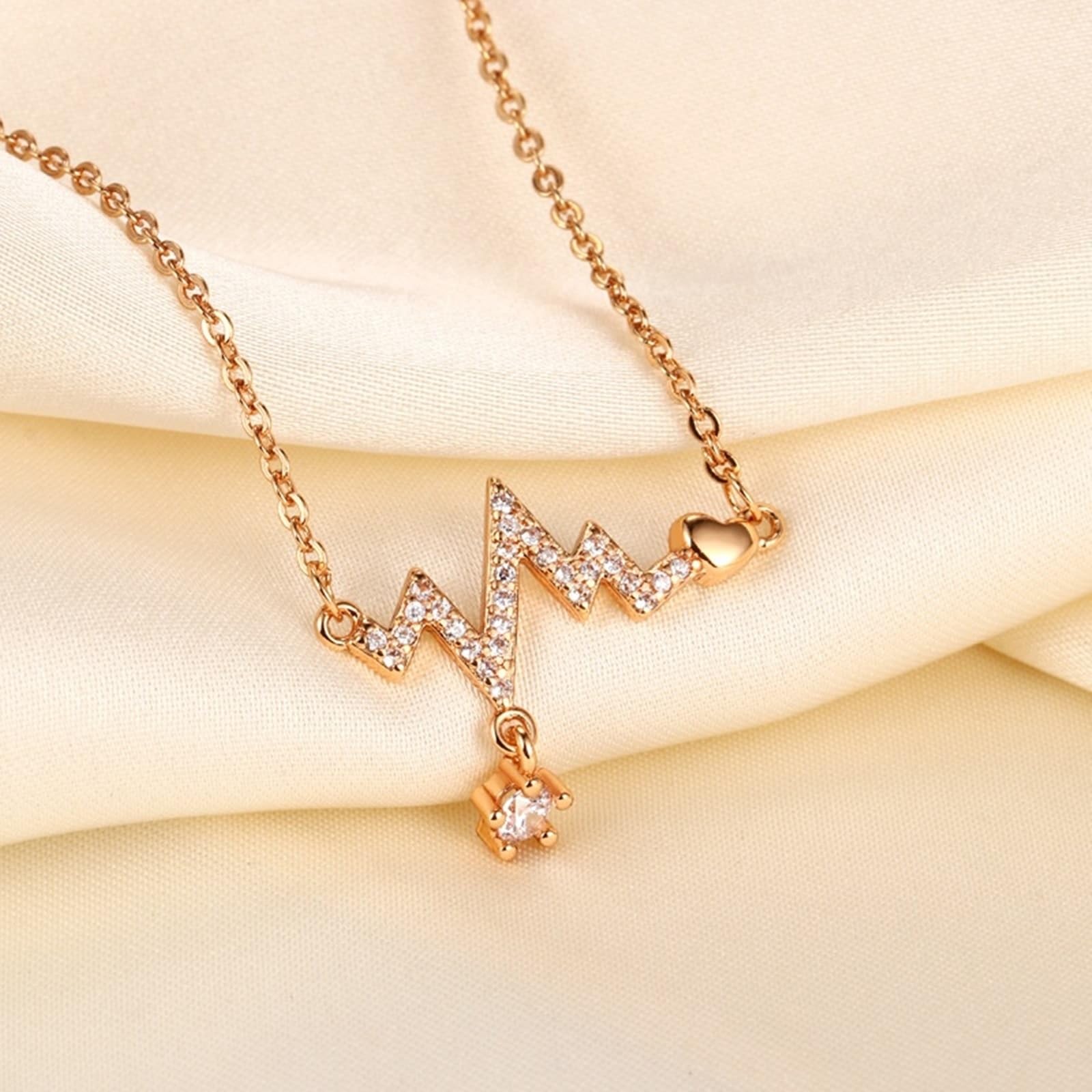 Damen Halskette Gold 750/585/375, Halskette Anhänger Herzschlag mit Labor Diamant, Echtschmuck Kette Verstellbar 40+5 cm