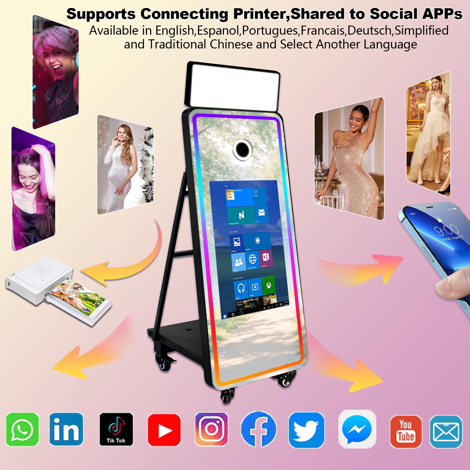 Lustrzana fotobudka 163 cm, interaktywny ekran dotykowy 82 cm z kwadratowym światłem i światłem RGB, wbudowany mini PC, fotobudka fotograficzna na wydarzenia (czarna, fotobudka)