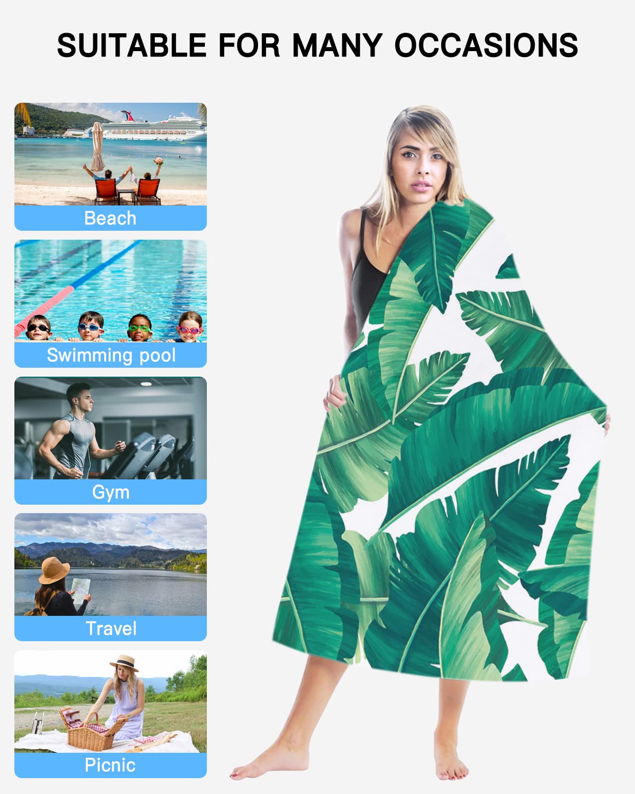 Tropical Beach Towel - 52x32 Inch, Quick Dry Microfiber, Super Absorbent, Lightweight, Palm Leaves Design