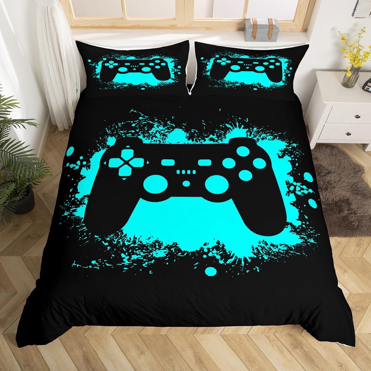 Video Games Gamepad Kids Duvet Cover Set Full Size,Tiedye Doodle