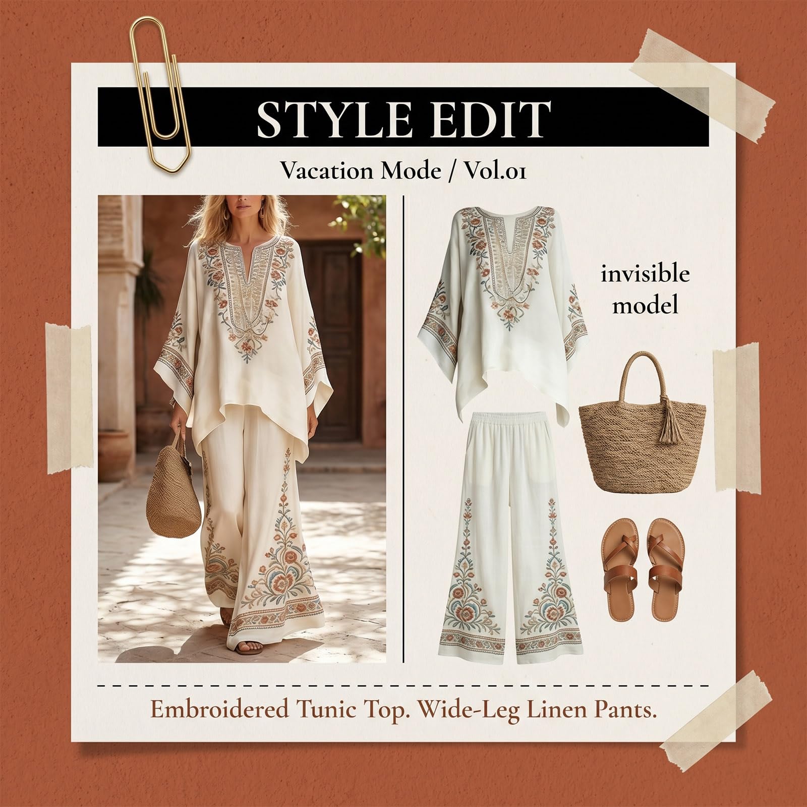 Generisch Musselin Sommer Zweiteiler Damen Leinen Set Elegant Boho Hosenanzug Weite Hose Tunika Oberteil Ethno Outfits Strandkleidung Hausanzug Oversize Freizeitanzug Ornament Urlaub Chic