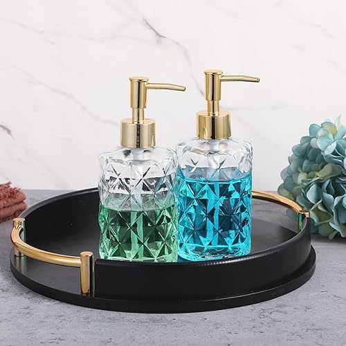 Miniatura 7 de Paquete de 3 dispensadores de jabón de vidrio en relieve de diamante con bomba de plástico dorado, dispensador de jabón de baño de 12 onzas,