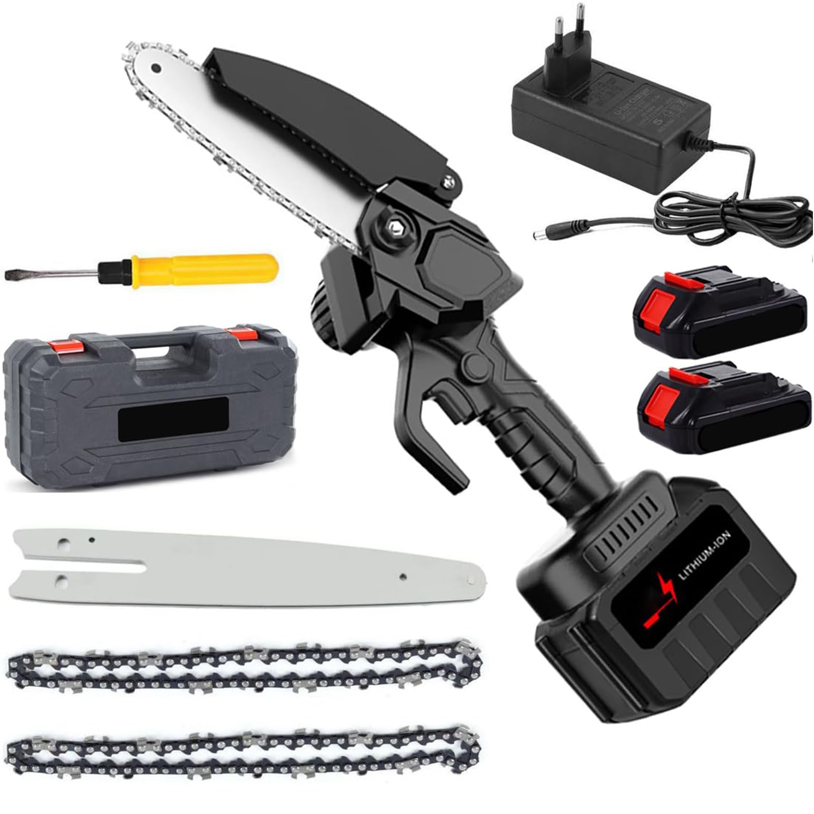 Mini Motosierra, Motosierra Eléctrica 8 Pulgadas con 2 Baterías y 2 Cadenas | Velocidad de Corte 11m/s, Bloqueo de Seguridad, Diseño Ligero 0,8kg, Herramienta de Poda para Jardín, Patio y Madera(black)