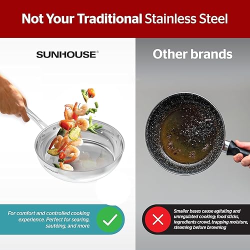 Miniatura 4 de Sunhouse Sartén de acero inoxidable de tres capas de 8 pulgadas, sin revestimientos, con mango que se mantiene fresco para cocinar, duradera y apta