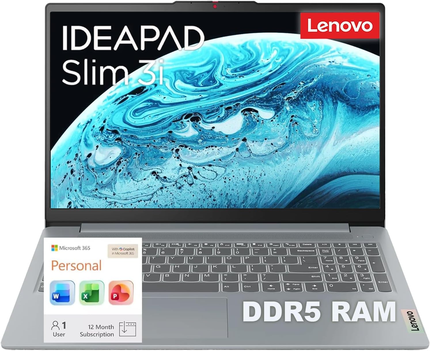 Lenovo IdeaPad Slim 3i • 15.6" FHD Laptop with Microsoft 365 Included • Intel 4 Cores • 1.1TB Storage (128GB SSD + 1TB OneDrive) • LPDDR5RAM • Privacy Shutter • Dolby Audio • Win 11