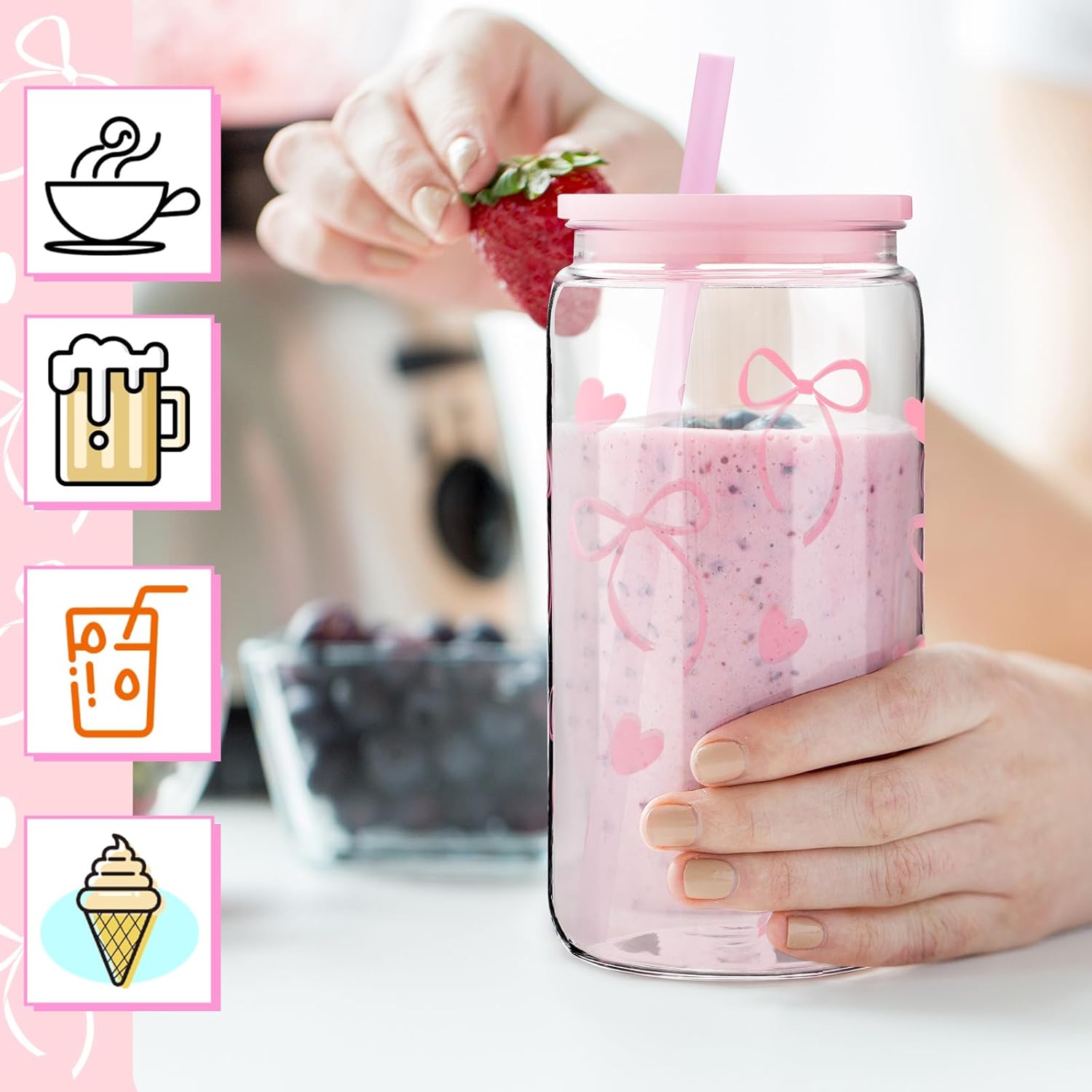8 Pcs Coquette Bow Plastic Cups with Lids and Straws 16 oz Acrylic Mason Jars Aesthetic Reusable Bottles Iced Coffee Mug Beer Glass Tumbler for Birthday Coquette Party(Bow,Pink) - Image 5