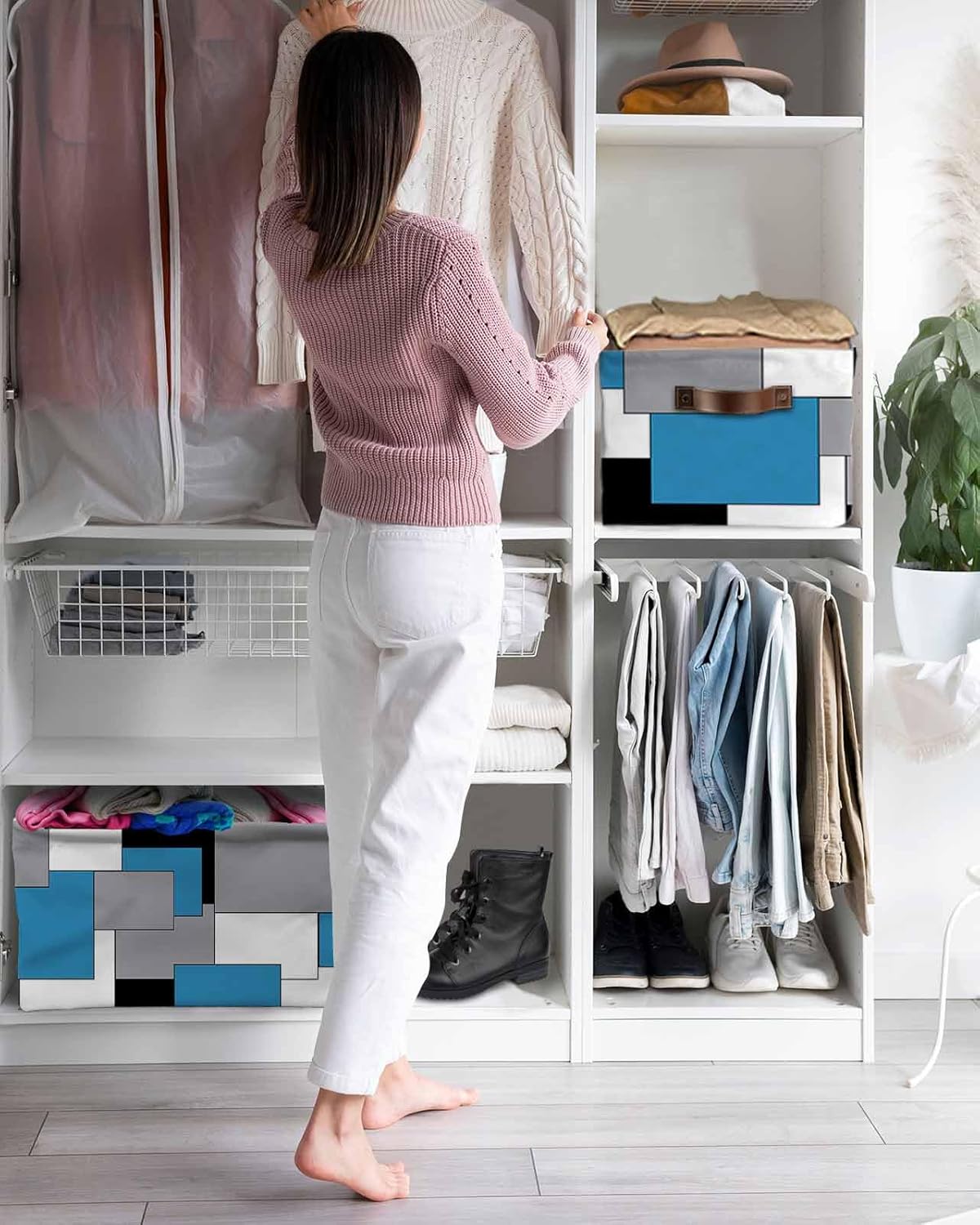 Storage Basket Abstract Geometric Large Foldable Storage Bins with Handles Mid Century Blue Nordic Waterproof Fabric Laundry Baskets for Organizing Shelves Closet Toy Gifts Bedroom Home Decor