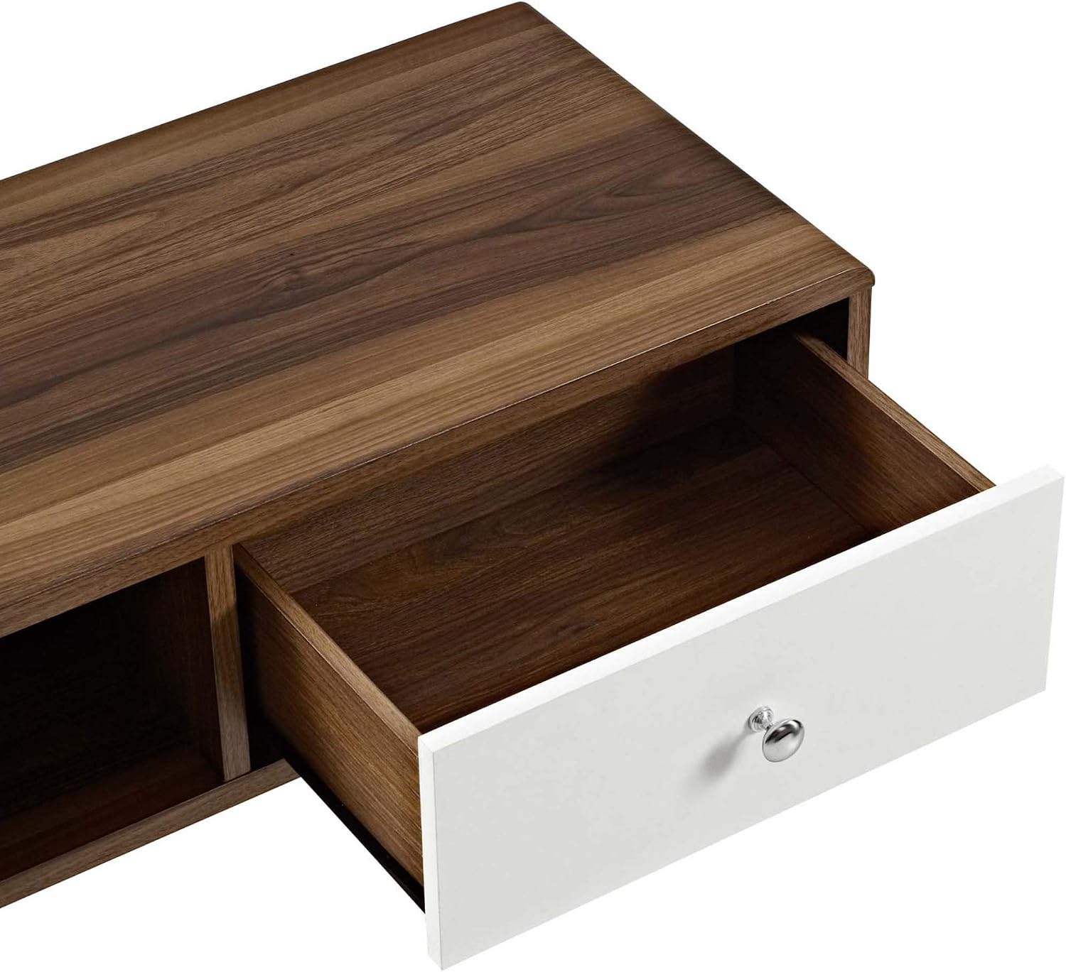 Ergode Transmit 55 TV Stand | Mid-Century Modern Design | White Lacquer Drawer | Ample Storage | Walnut Grain Laminate | Cable Management Hole (EEI-2530-WAL-WHI-VV)