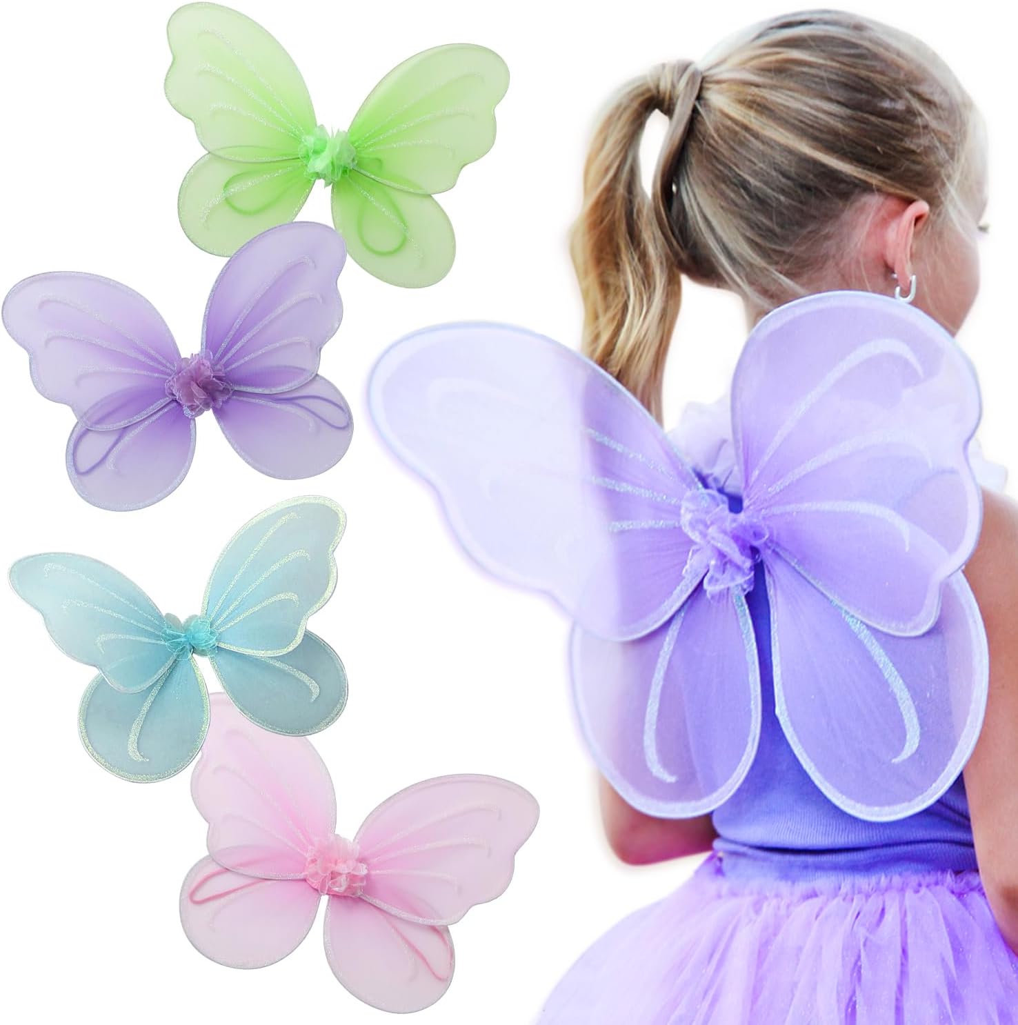 Girls' Fairy, Angel, or Butterfly Wings - Costume Accessories & Party Favors or Supplies, Make Your Little One's Birthday Party Special, in Shades of Blue, Green, Pink, and Purple, 4pc