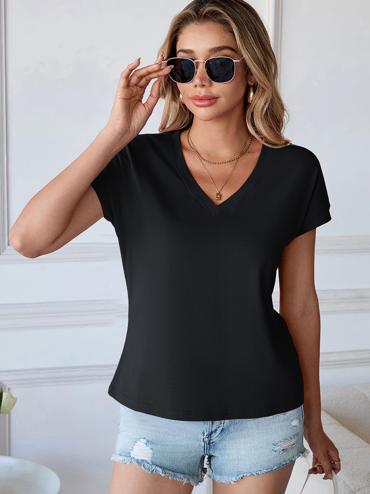 HOTIAN T-Shirt Damen Crop Tops Sommer V-Ausschnitt Oberteile Kurzarm Casual Basic Shirt Damen Elegant Flügelärmeln Top