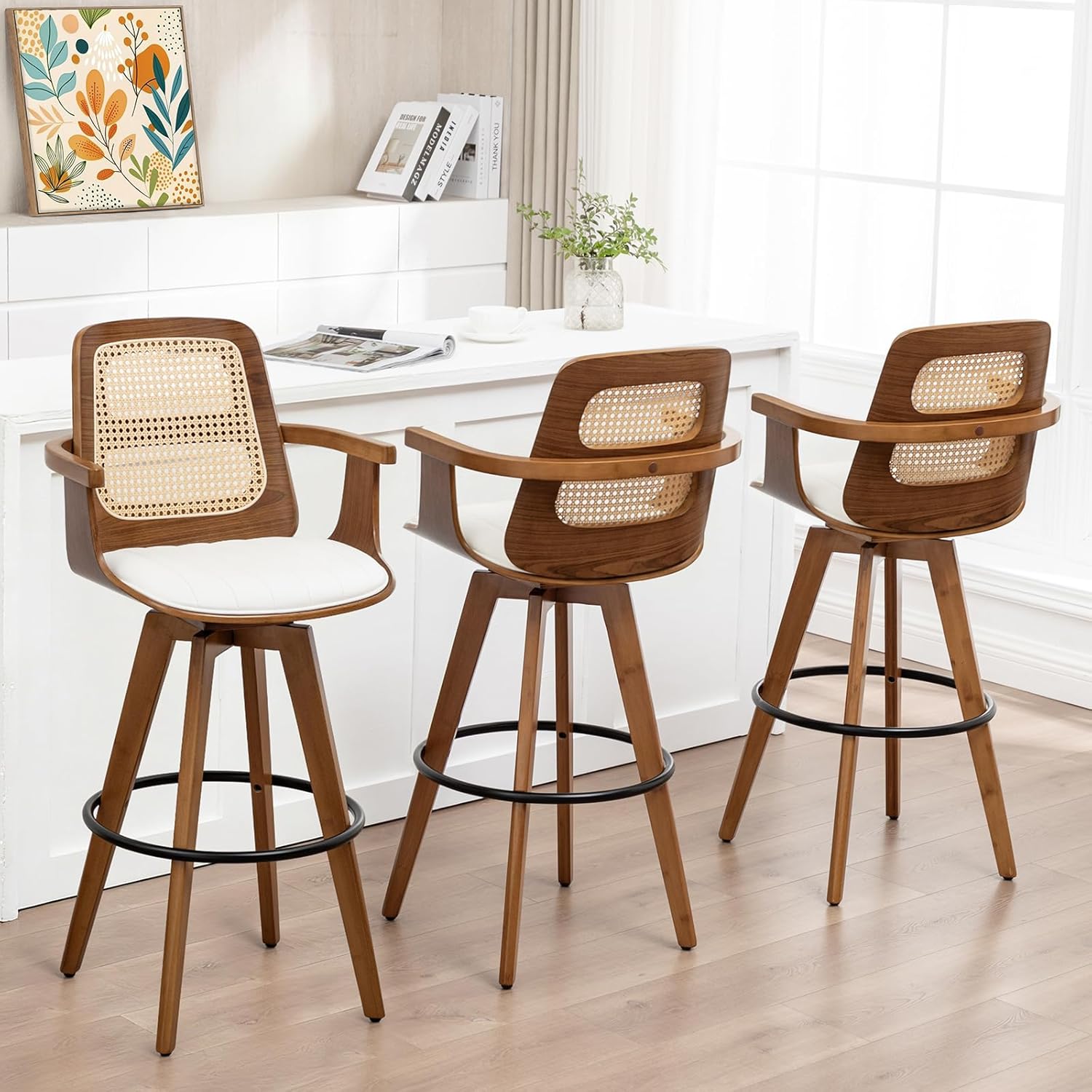 WUPOTO Bar Stools Set of 3, 29.7" Bar Height 360° Swivel Stools with Ergonomic Rattan Back, Faux Leather Seat, Bamboo Legs with Walnut Finish, Mid-Century Style (Cream)