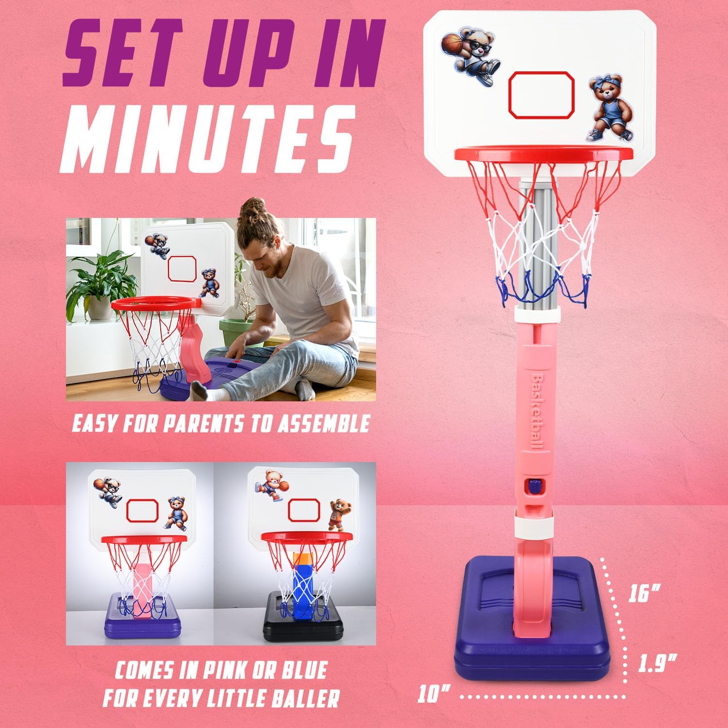 Toddler Basketball Hoop – Adjustable Indoor/Outdoor Pool Basketball Hoop Set for Kids, 4 Balls, Pump, Storage Base, Basketball Goal, Perfect Sport Gift for Boys & Girls, Birthday & Christmas