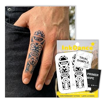 Semi-Permanent Tattoo, Polynesian Guardian Totem, Long Lasting Temporary Tattoos for Men, Waterproof Plant-Based Ink, Lasts 1-2 Weeks, Color Develops in 24 Hours X245, Set of 2