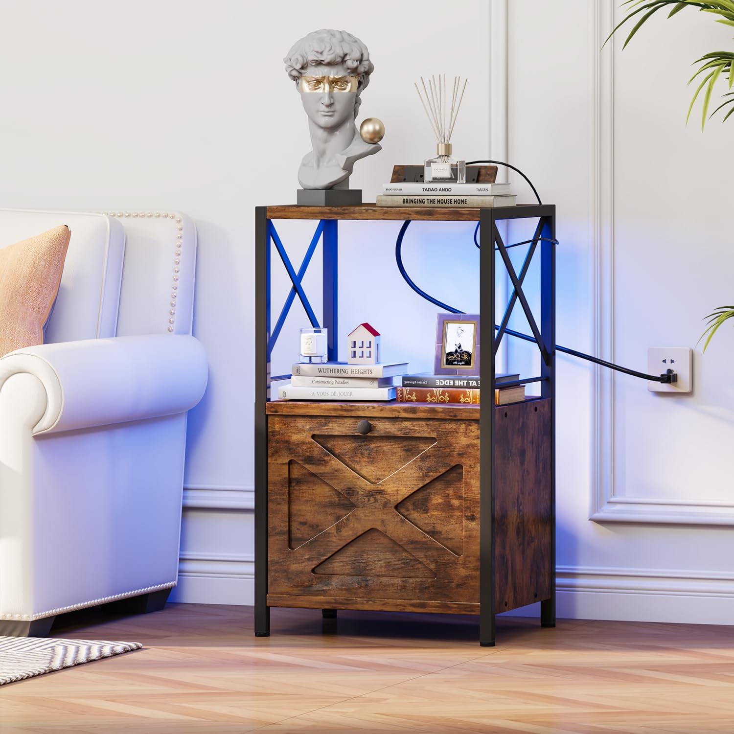 Homeiju Nightstand with Charging Station and LED Light, End