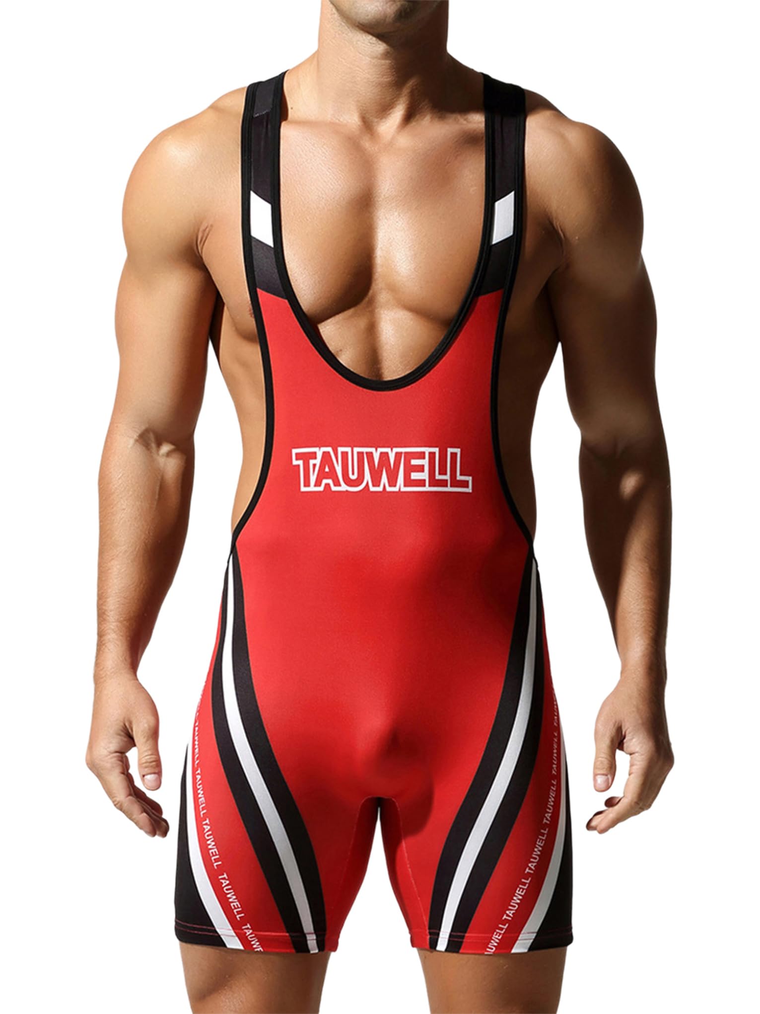 JanJean Mens Wrestling Singlets Sleeveless Athletic Slim Fit Sport Bodysuit Weightlifting Short Jumpsuits Red M