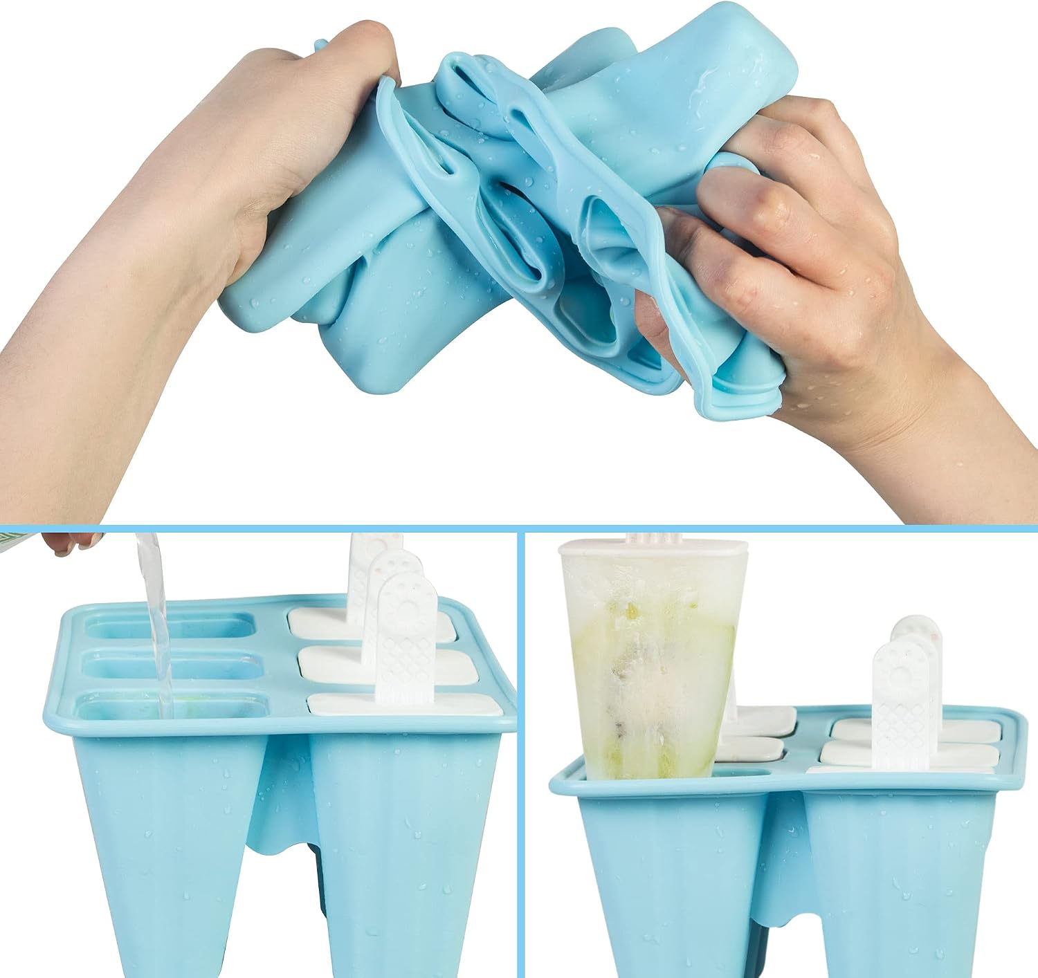 Popsicles Molds, 6 Cavities Reusable Ice Pop Molds Maker, Easy Release Durable Silicone Popsicle Molds for Kids, Baby Popsicle Molds with Silicone Funnel & Cleaning Brush