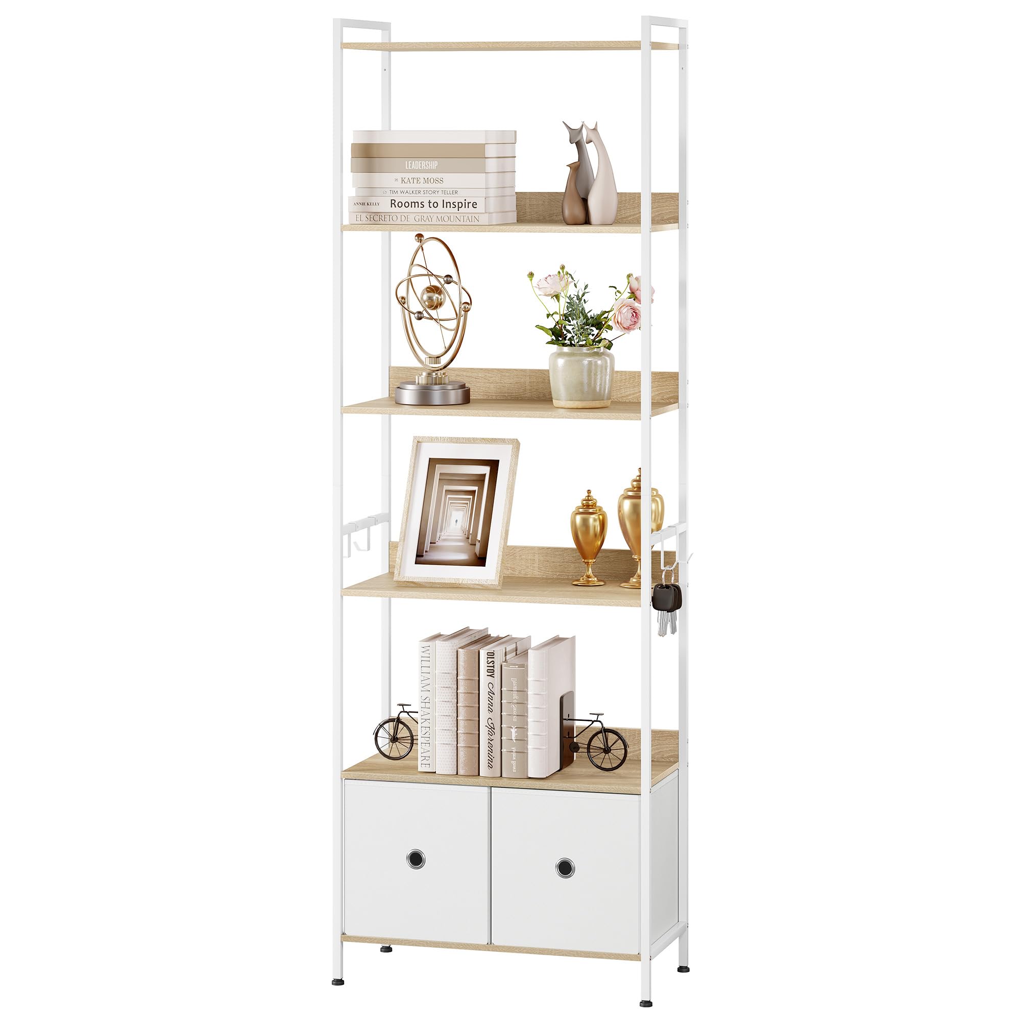 WOLTU Standregal mit 5 Ebenen, Bücherregal mit Schublade, stehendes Regal mit Metallrahmen, für Wohnzimmer Arbeitszimmer Homeoffice Schlafzimmer