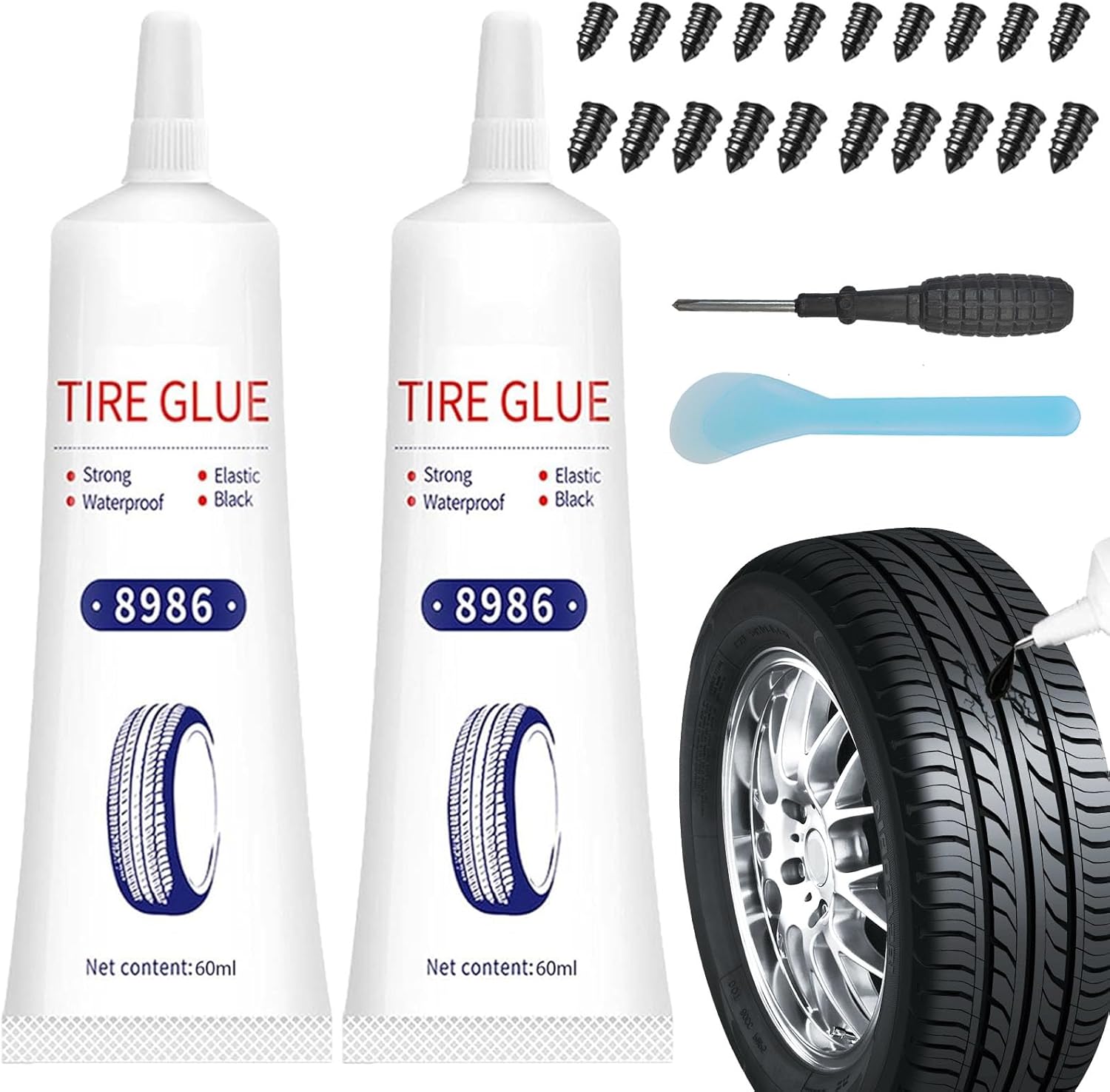Pegamento de reparación de neumáticos de 4.1 fl oz, 20 clavos de goma para reparación de neumáticos para unión de paredes laterales o fugas de aire