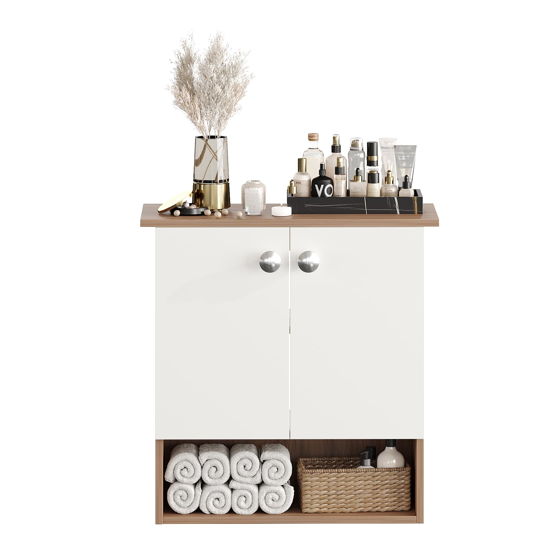 FURNEASER Omex Modern Engineered Wood Bathroom Storage Cabinet with Door | Wall Mount Utility Organizer, Wash Area, Living Room & Bedroom | Space Saving Multipurpose Storage Unit, Exotic Teak & White-image-2