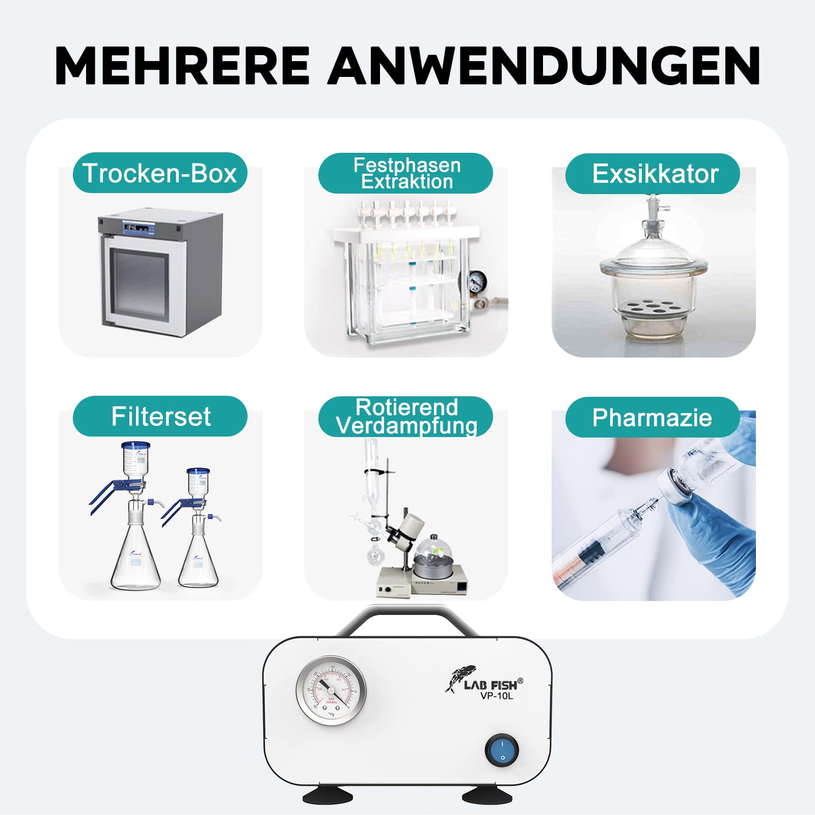 LAB FISH Ölfreie Membran-Vakuumpumpe Tragbar, 10L/min 0,075Mpa Laborpumpe mit Gummischlauch