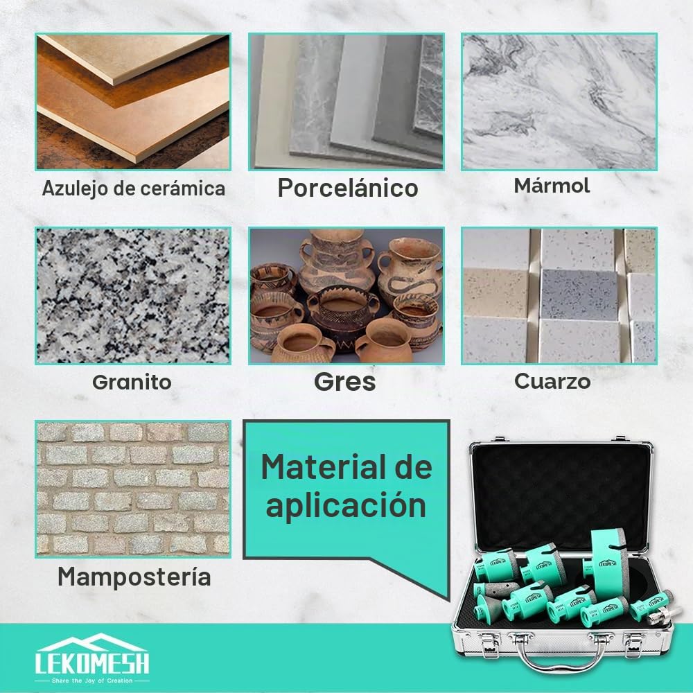 Brocas Coronas para Porcelanico-10piezas (20/25/35/40/50/68/110mm+20mm Broca de dedo+50mm Broca Fresado Chaflán+Adaptador) Para Baldosas Cerámicas, Mármol, Hormigón, Roscas M14