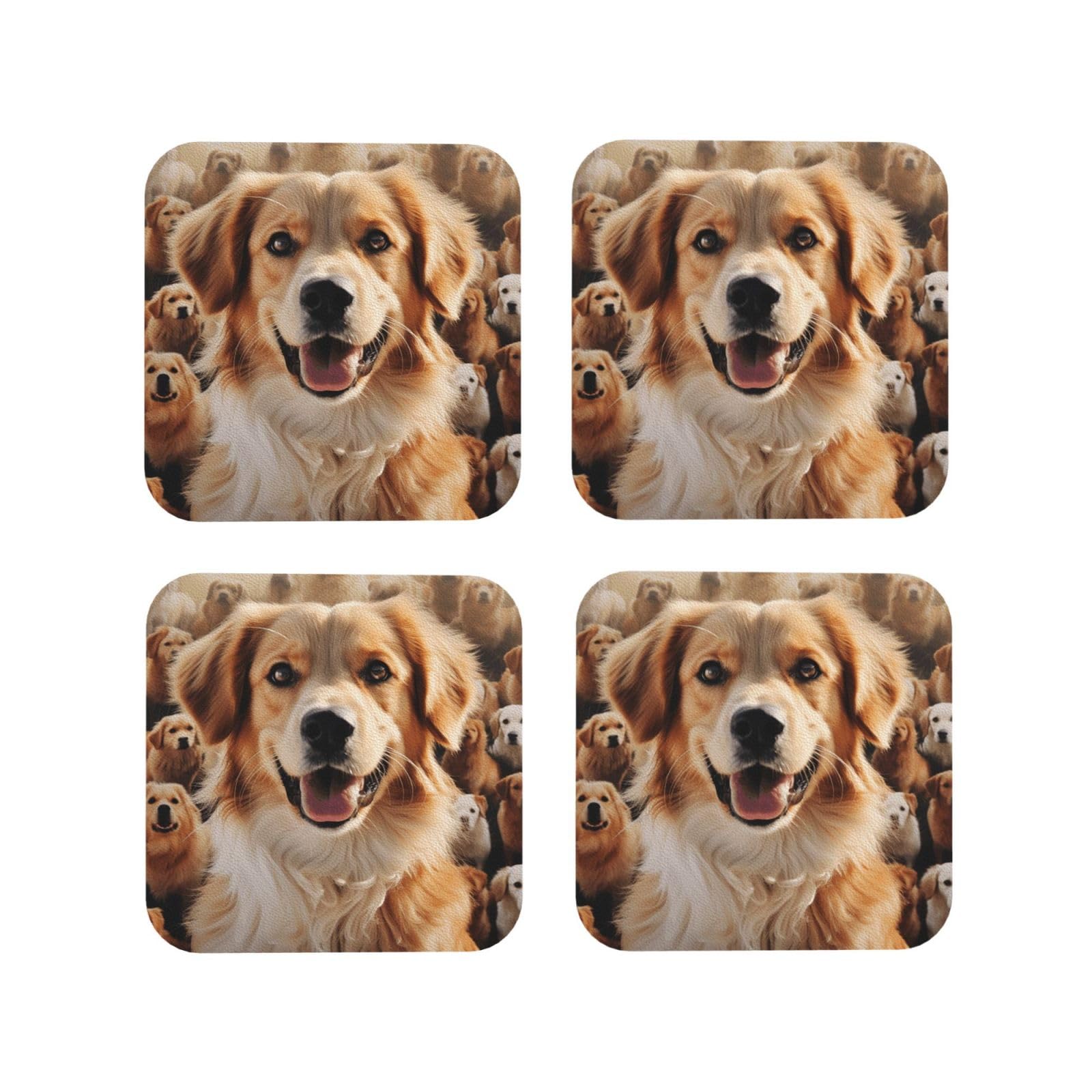 4Pcs PU Leather Coaster for Drinks, Dogs Retriever Cup Coastersr 4" Cup Mat Pad, Aesthetic Drink Coasters for Coffee Table, Square Coaster for Tabletop Protection