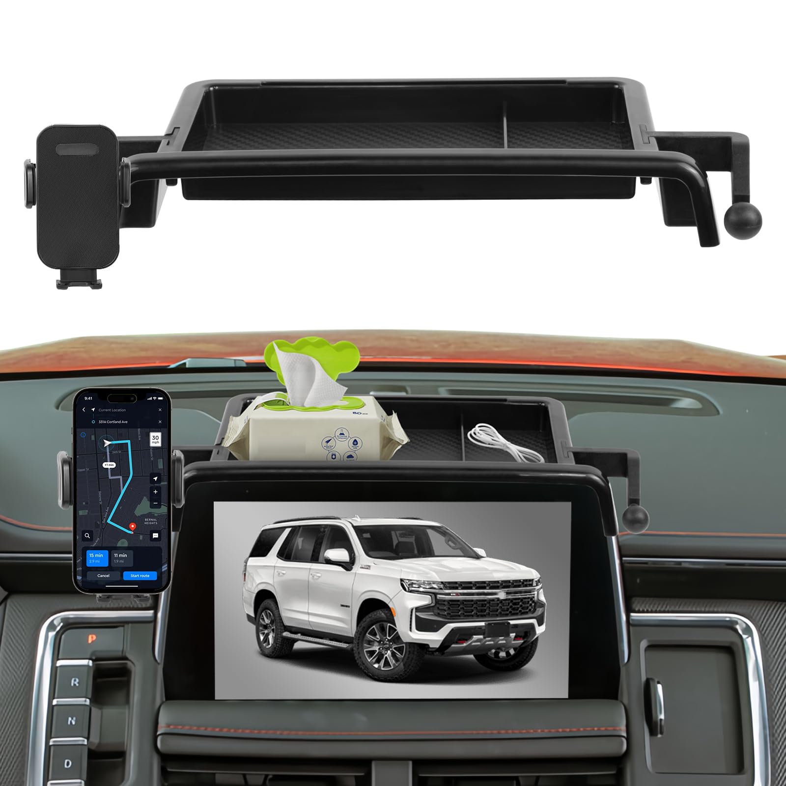 Car Phone Holder Compatible with Chevy Suburban Tahoe/GMC Yukon 2021-2024 Accessories 10.2-Inch Screen Fixed Clip, Cell Phone Mount with Dash Center Console Organizer Hands-Free 360° Rotation
