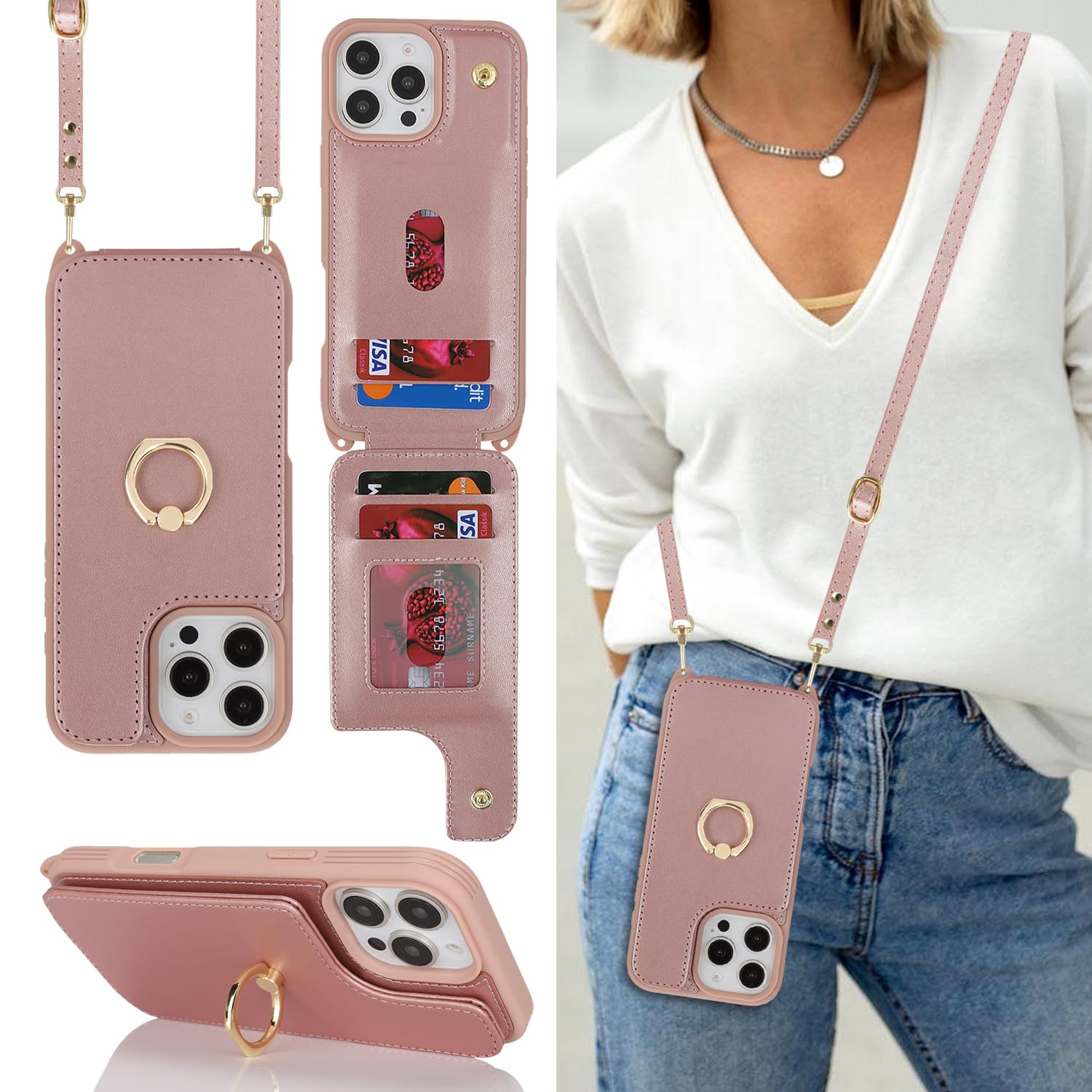 Lipvina for iPhone 16 Pro Case with Card Holder and Strap for Women,Crossbody Lanyard,Ring Stand,Snap Clasp,Cute Phone Wallet Cases 6.3 inch(Rose Gold