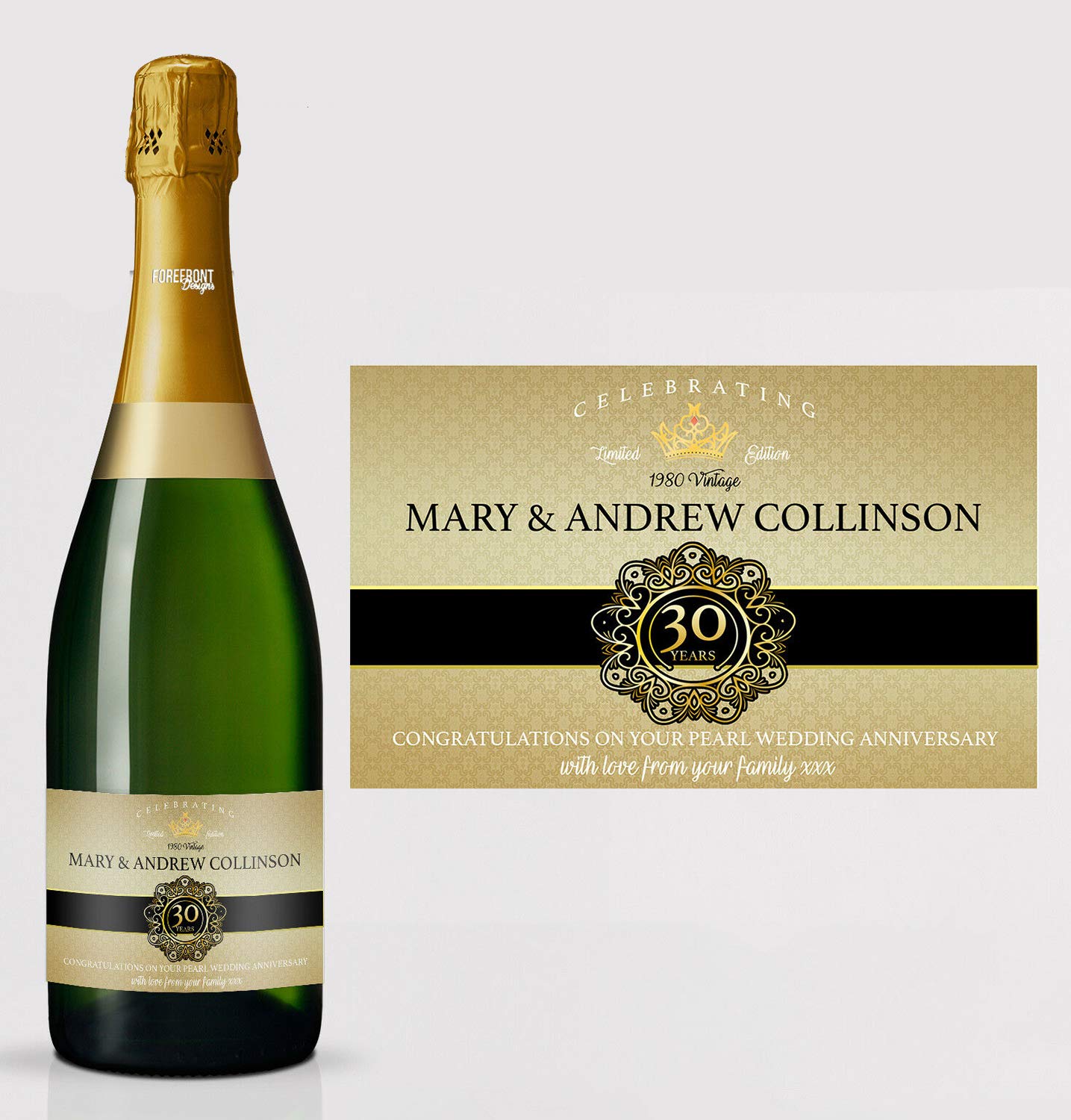 forefrontdesigns Personalised Champagne Bottle Label - Custom Champagne Label Bottle Sticker, Perfect for Weddings, Anniversaries, Birthdays & Gifts - Premium Customisable Prosecco Sticker