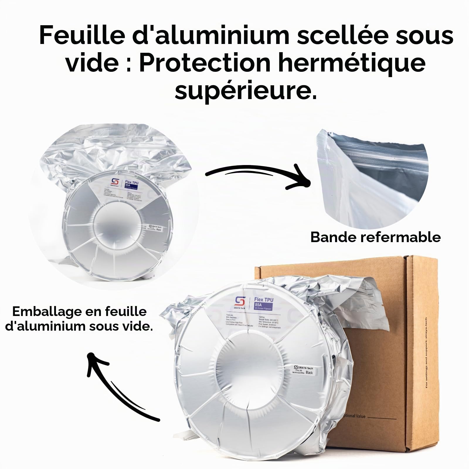 Siraya Tech Flex TPU 85A Filament, ISO 10993, Haute Flexibilité et Robustesse, Haut Débit et Vitesse, Sac en Aluminium Résistant à l'Humidité - pour Chaussures, Équipements de Protection(Noir, 1kg)