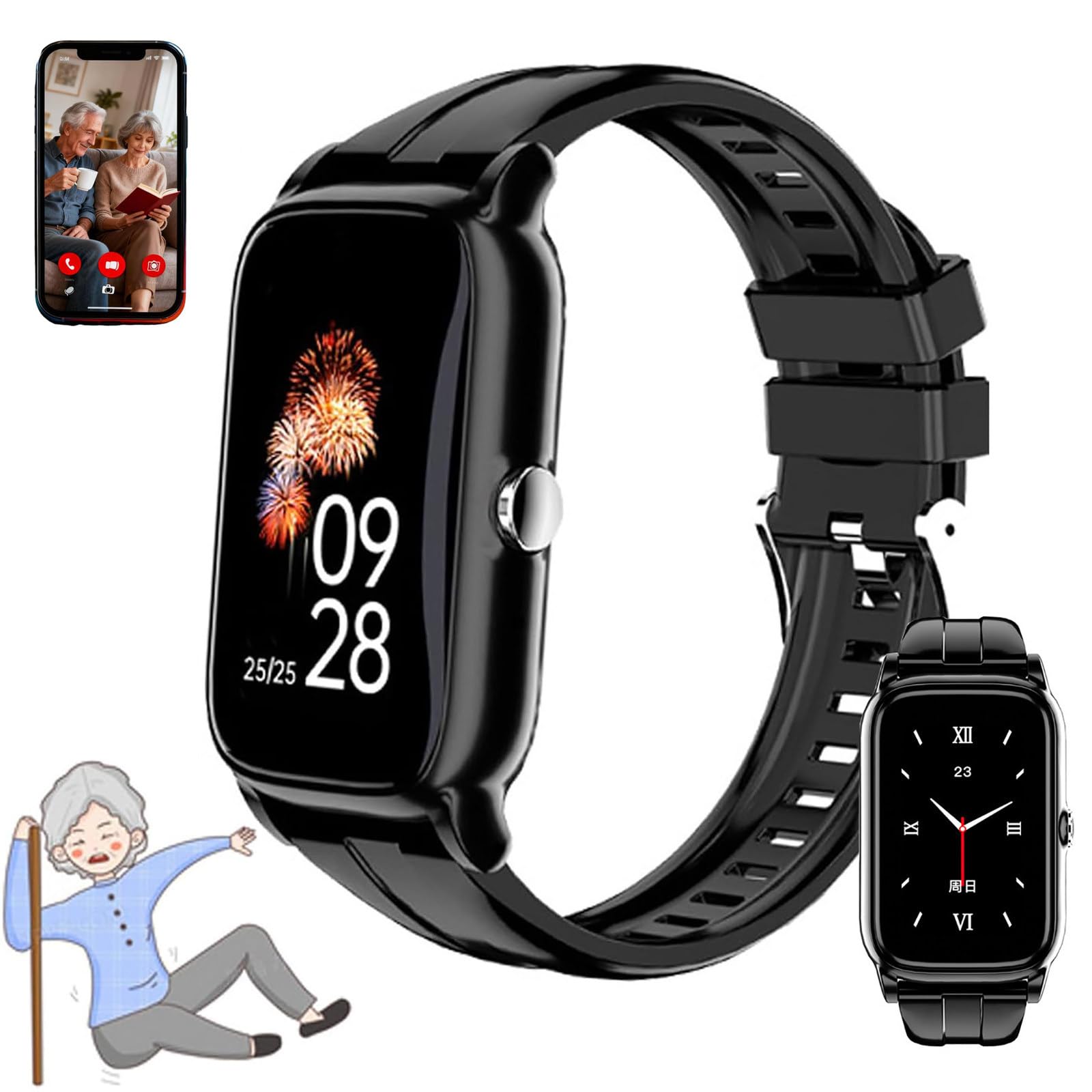 ZHZWwansuGE Smartwatches For Seniors, Fall Detection, GPS Location, SOS Emergency Call, Hd Video Calling, For Individuals With Alzheimer's Disease, Dementia, Autism Black