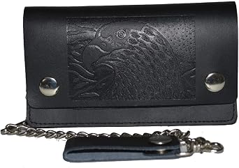 Trifold Bikers Large Wallet ID Card Holder With Chain Genuine Leather
