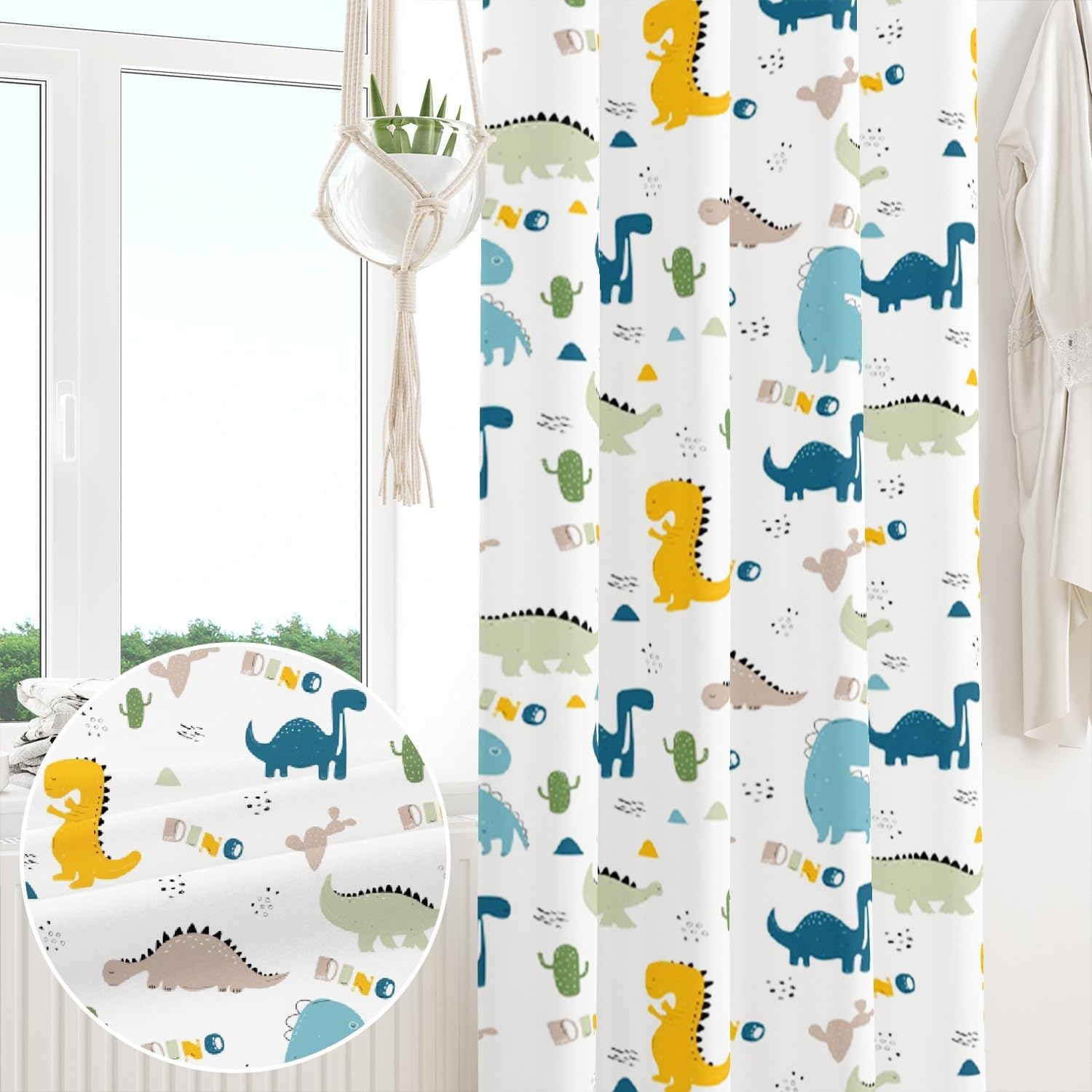 107x160cm Dinosaurier-Cartoon Verdunkelungsvorhang für Kinderzimmer Niedlicher Dino Tierdruck Ösenvorhänge Thermo Tüllenvorhänge Raumteiler Fenstervorhänge für Baby-Spielzimmer,1-Einzelpaneel