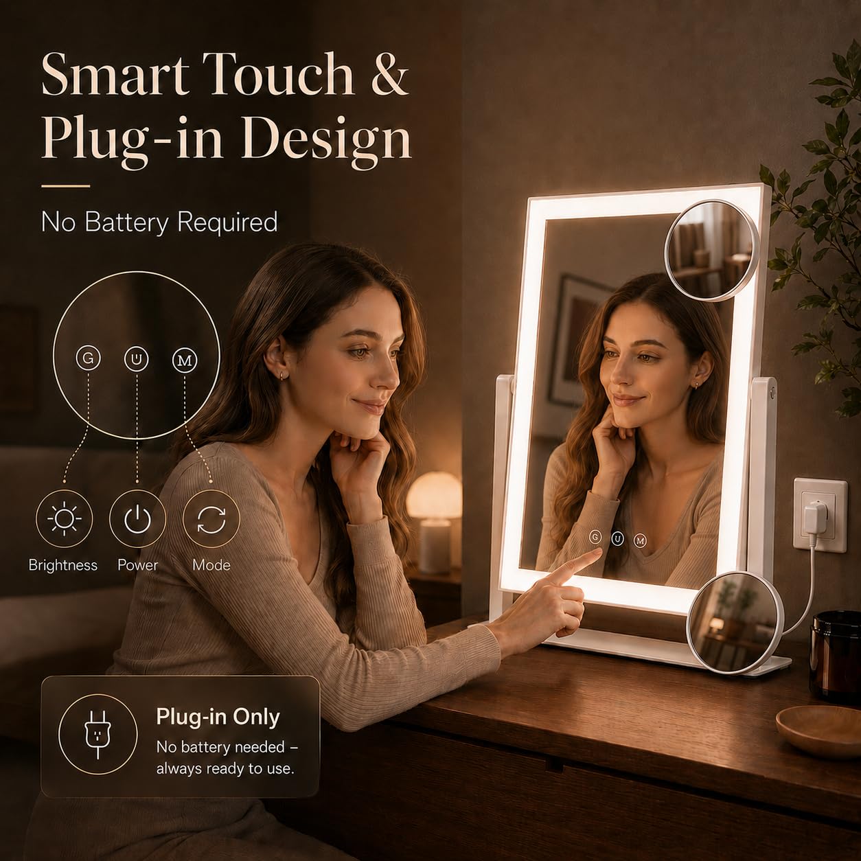 Decadence Espejo de maquillaje LED de 17.3 pulgadas con luces para mujeres y mamá, lupas desmontables 10X/5X, 3 modos de color, control táctil regulable, rotación de 360 grados, espejo cosmético de