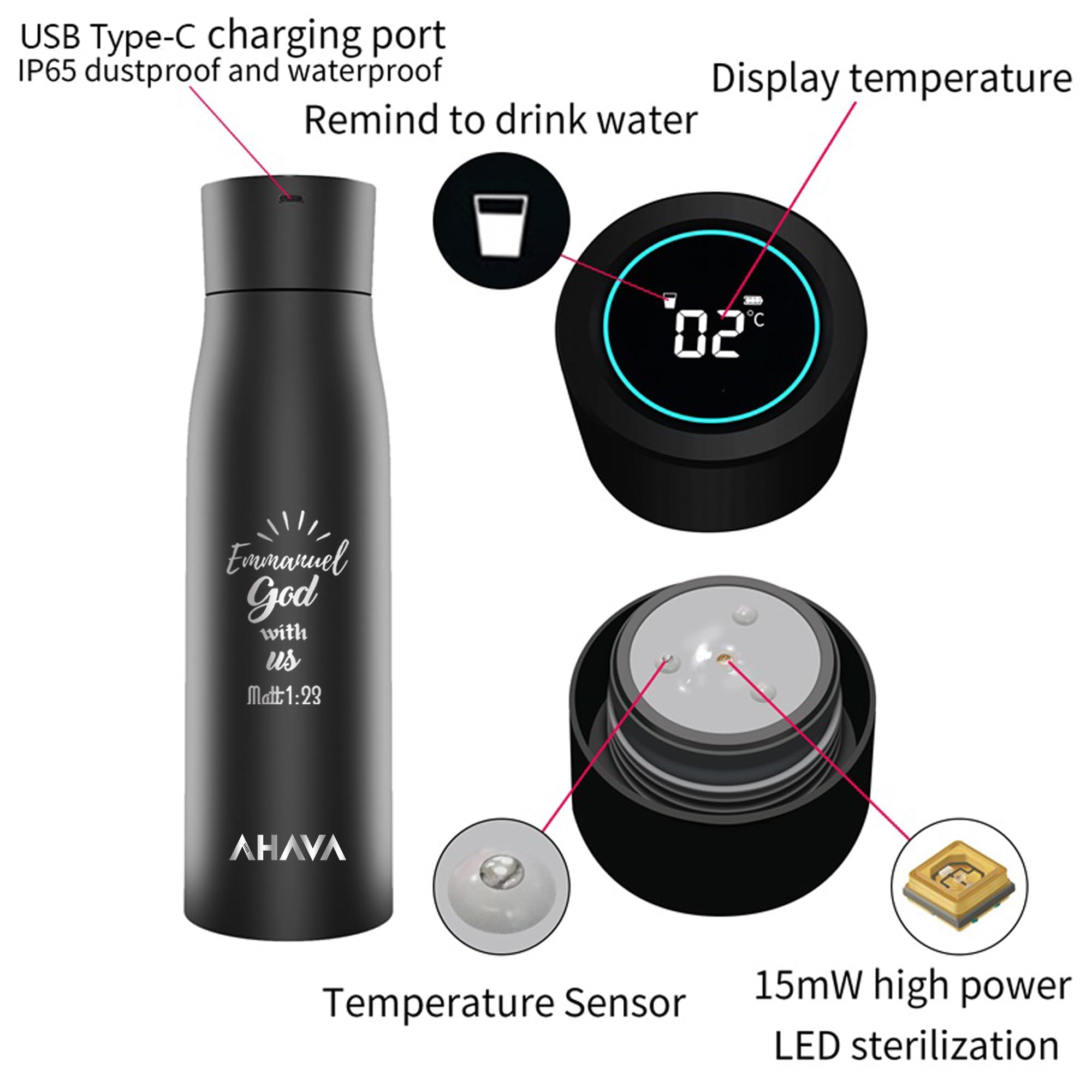 Self Cleaning UV Sterilizing Smart Water Bottle 750ml, Black, 750 ml - Image 2