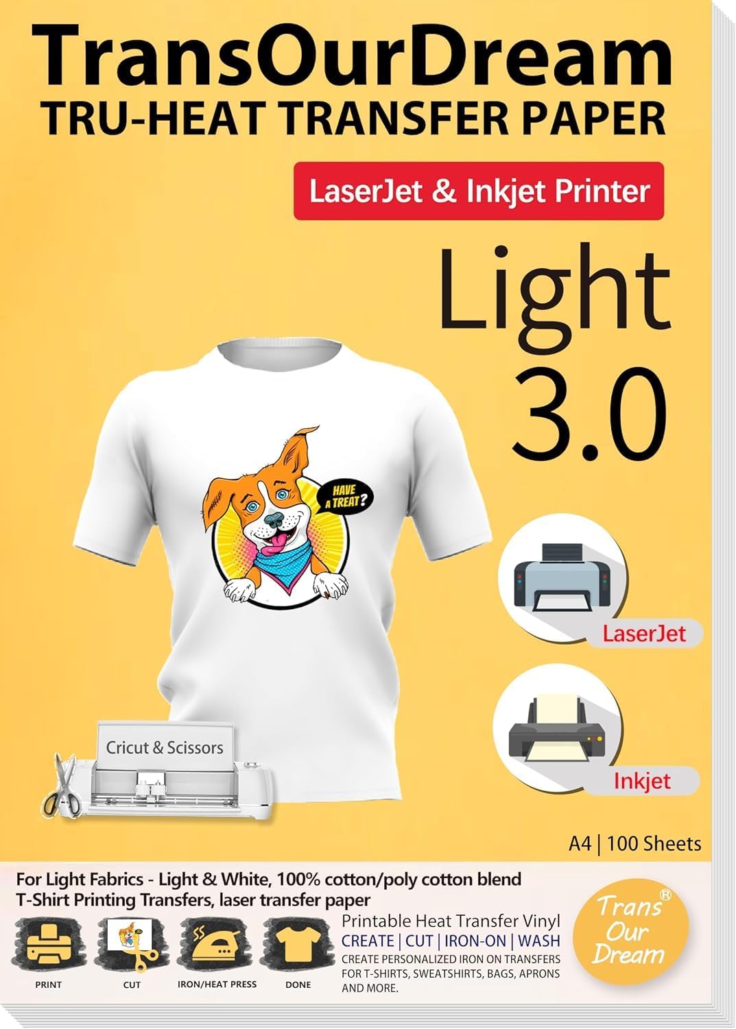 TransOurDream Tru-Iron on Heat Transfer Paper for Light Fabric (100 Sheets, A4, 3.0) T Shirt Transfers Paper for Inkjet Printer Printable Heat Transfer Vinyl for T-Shirts (ARAB-L3-100)