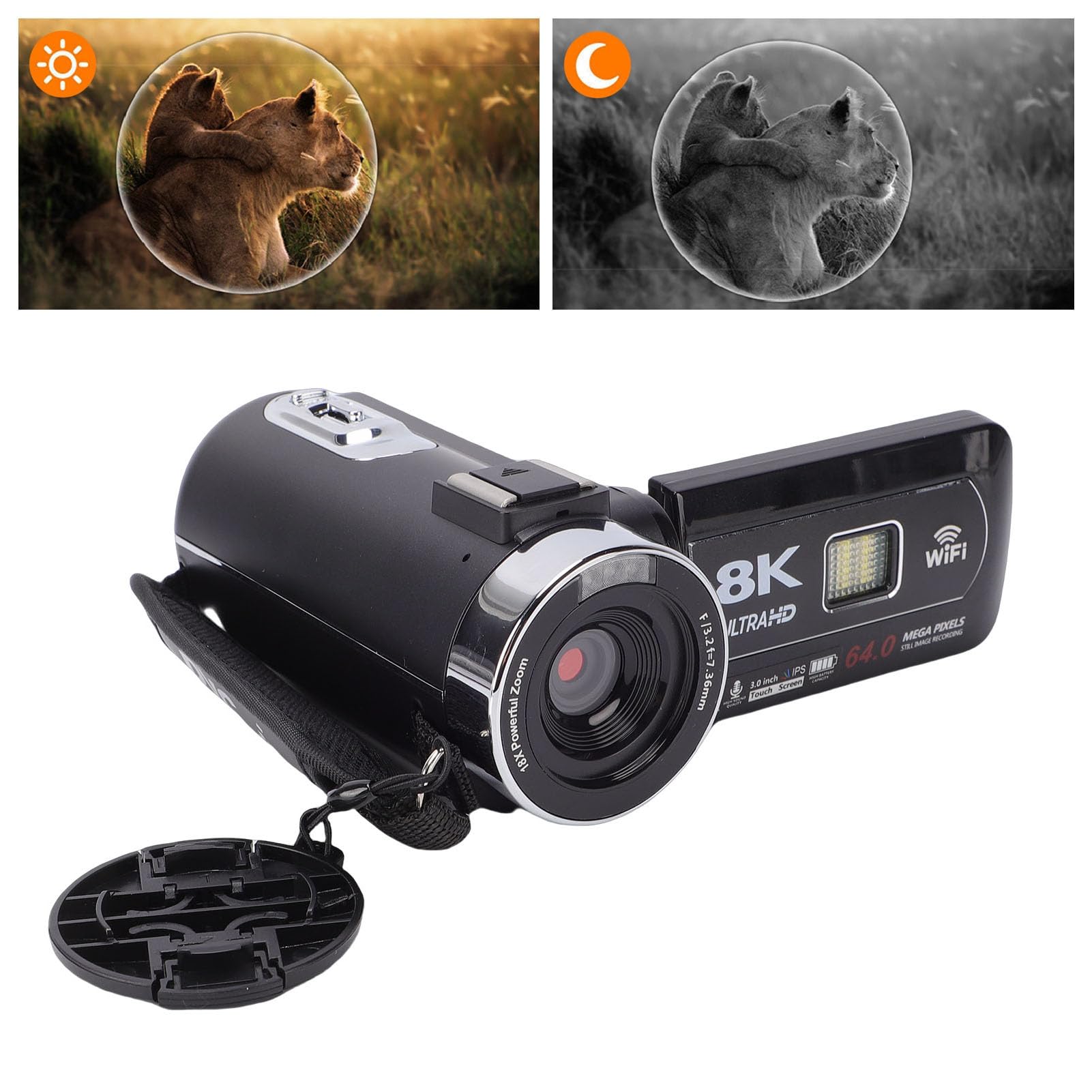 Akozon Cámara de Vídeo 8K Videocámara Multifuncional con Zoom Digital 64MP 18X para Viajes